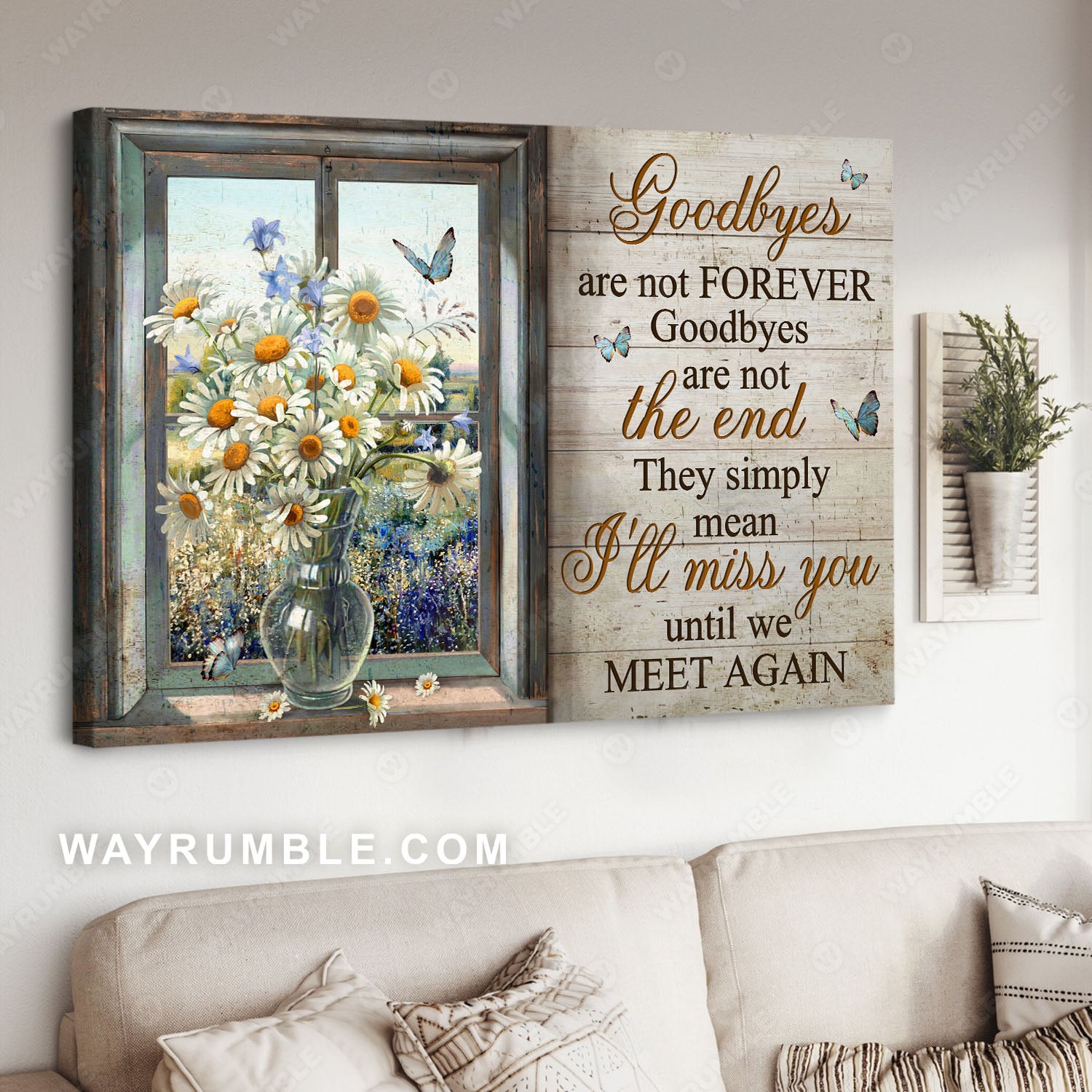 Daisy flower, Glass bottle, Blue butterfly, Window frame, I'll miss you until we meet again - Heaven Landscape Canvas Prints, Wall Art