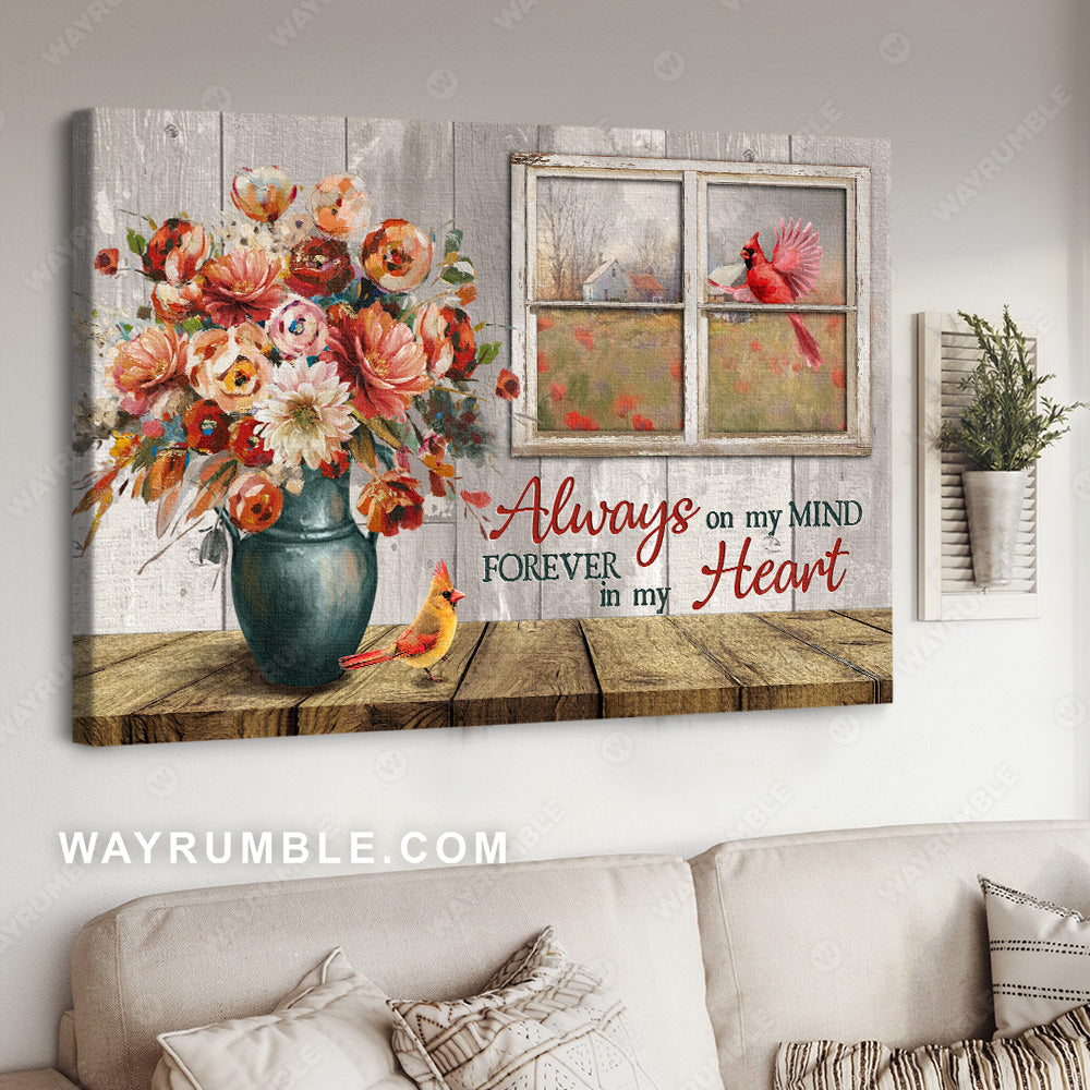 Brilliant rose flower, Red cardinal, Vintage window, Always on my mind - Heaven Landscape Canvas Prints, Wall Art