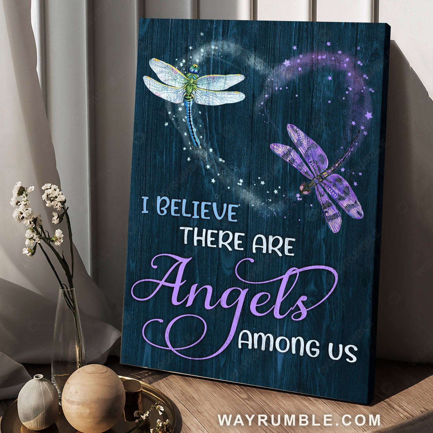 Beautiful dragonfly, Heart shape, Dark blue background, There are angles among us - Heaven Portrait Canvas Prints, Wall Art