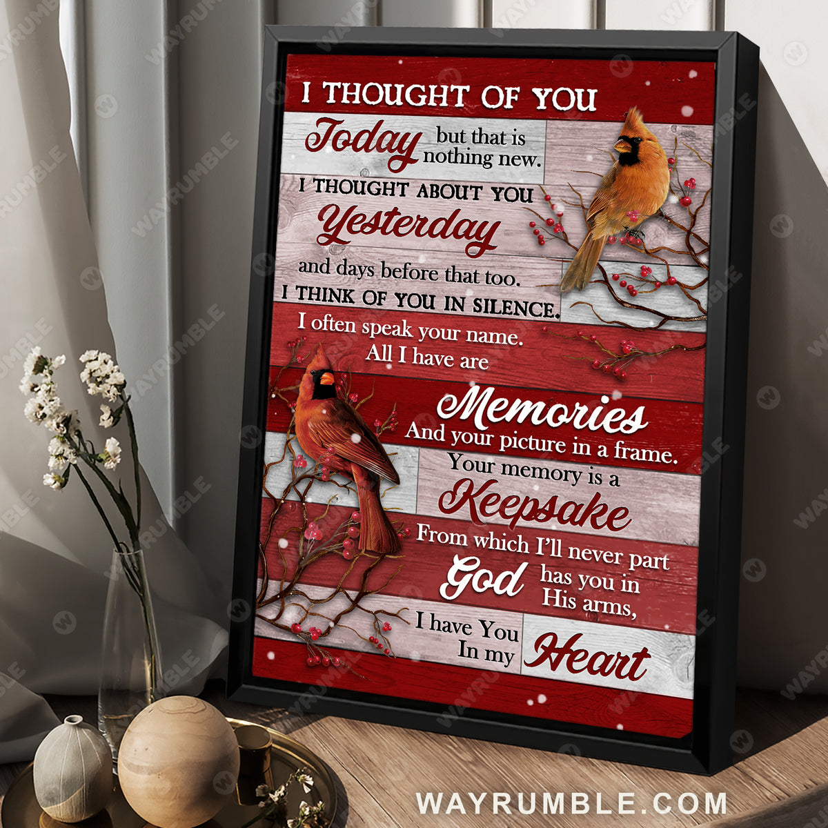 Cardinal drawing, Watercolor cranberry, Red background, I thought of you - Heaven Portrait Canvas Prints, Wall Art