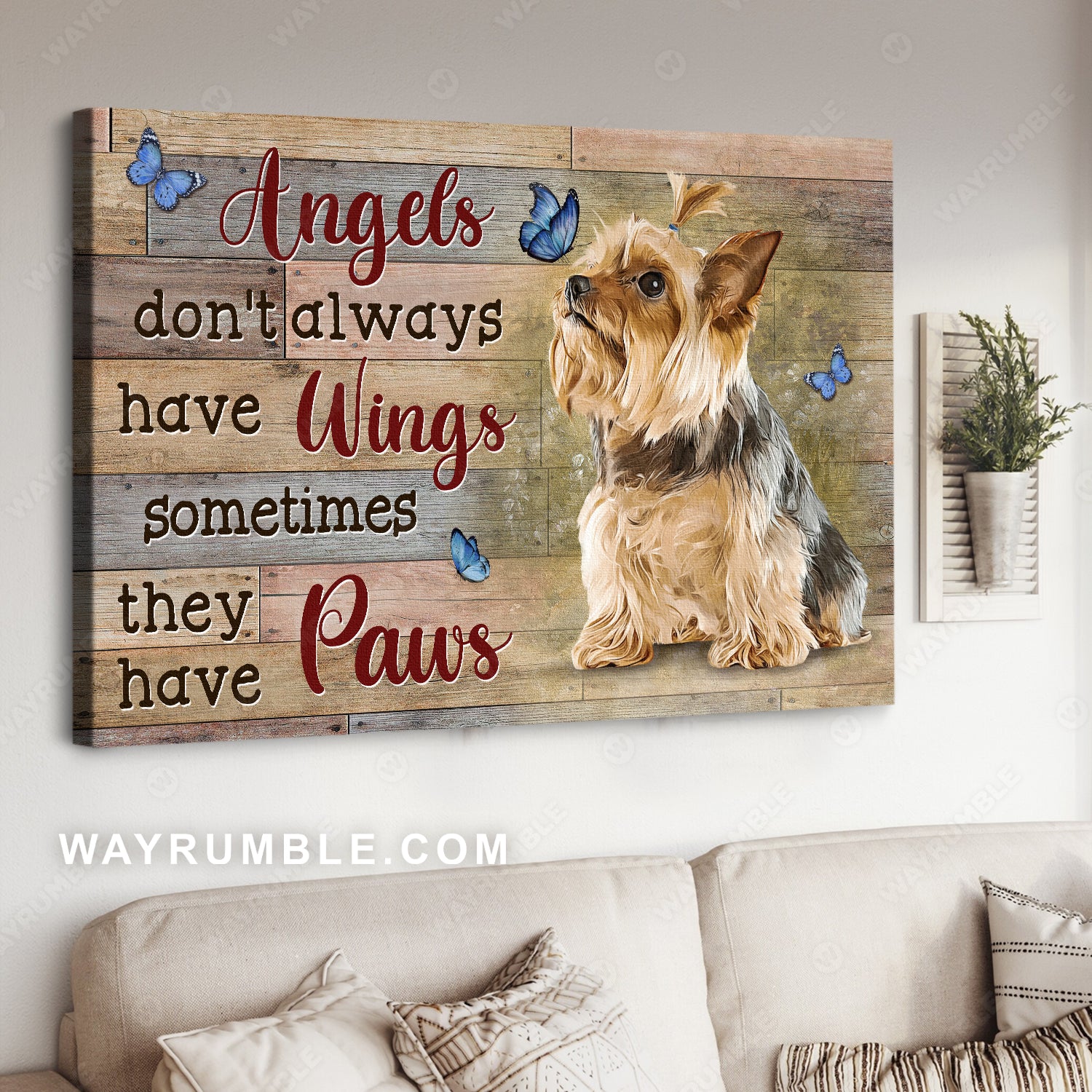Little Yorkshire Terrier, Blue butterfly, Angels don't always have wings - Heaven Landscape Canvas Prints, Wall Art