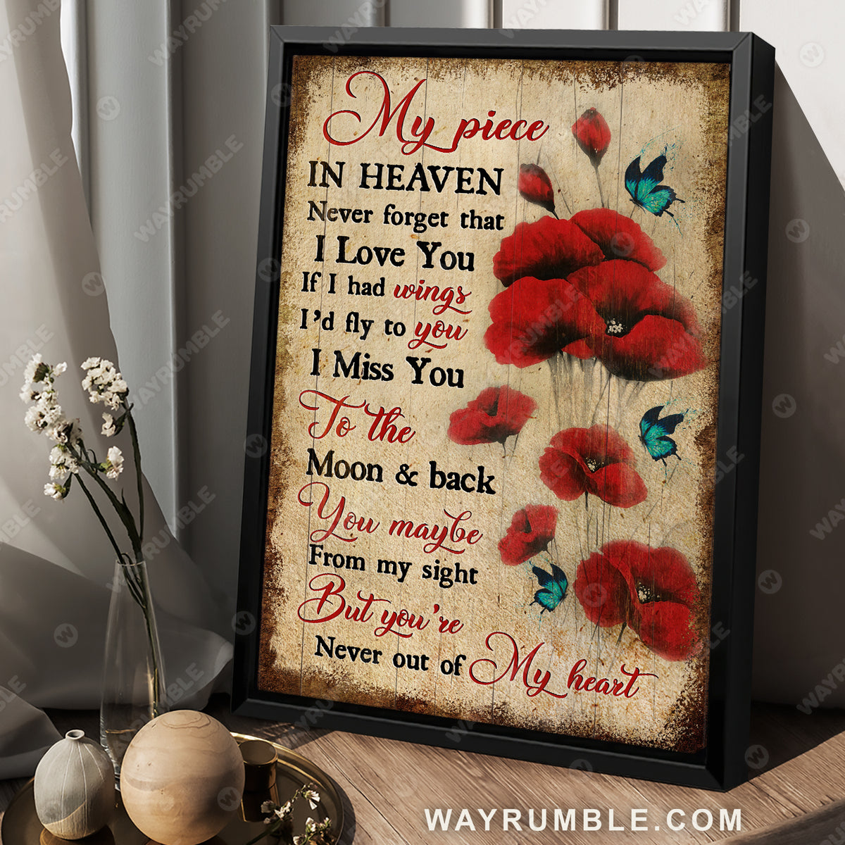 Dark red poppy, Pretty butterfly, Still life drawing, My piece in heaven - Heaven Portrait Canvas Prints, Wall Art