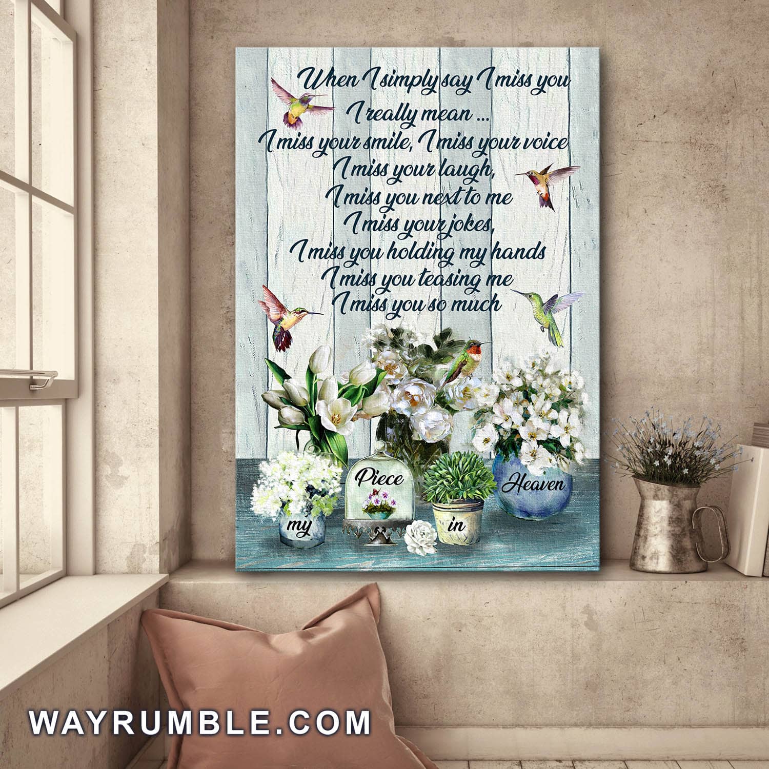 Hummingbird, Flower vase, I miss your smile - Heaven Portrait Canvas Prints, Wall Art