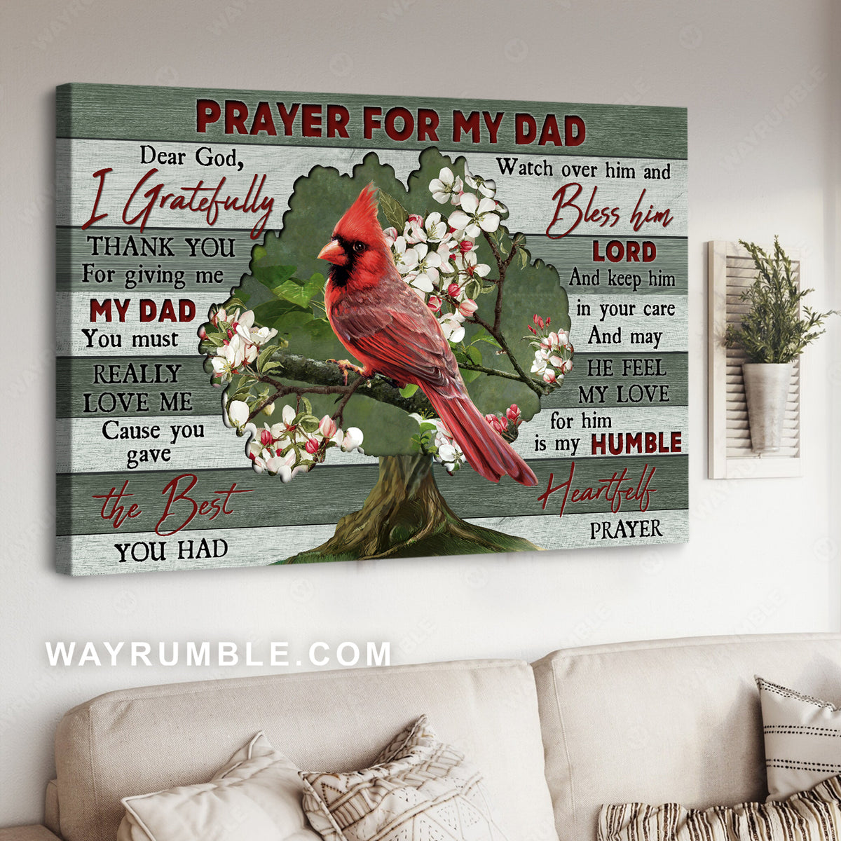 Red cardinal, Bleeding heart vine, Prayer for my Dad- Heaven Landscape Canvas Prints, Wall Art