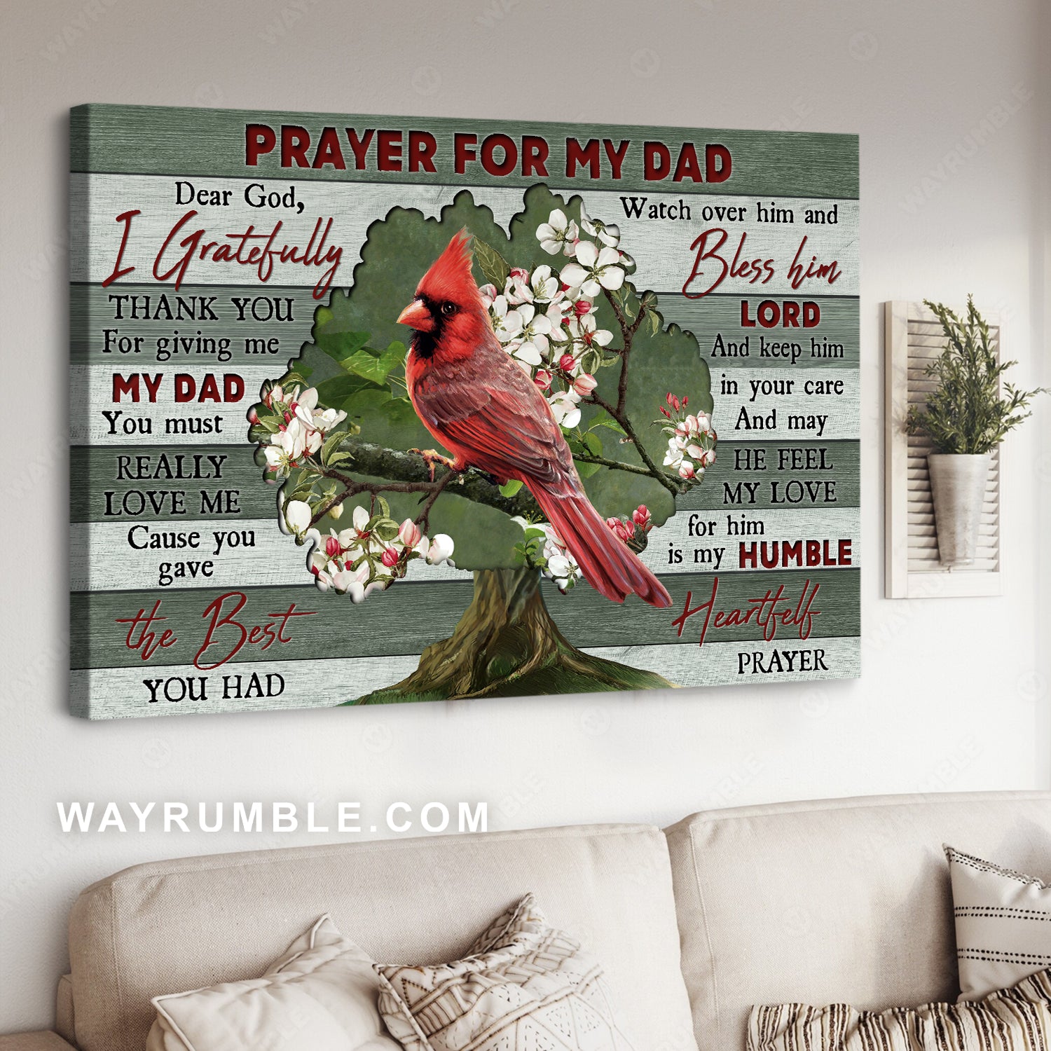 Red cardinal, Bleeding heart vine, Prayer for my Dad- Heaven Landscape Canvas Prints, Wall Art