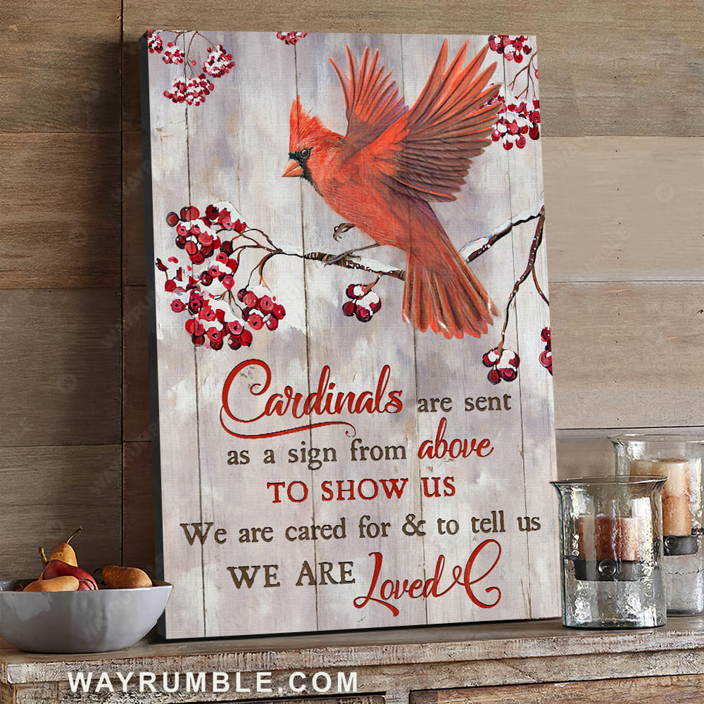 Red cardinal, Frozen cranberry, Cardinals are sent as a sign from above to show us we are loved - Heaven Portrait Canvas Prints, Wall Art