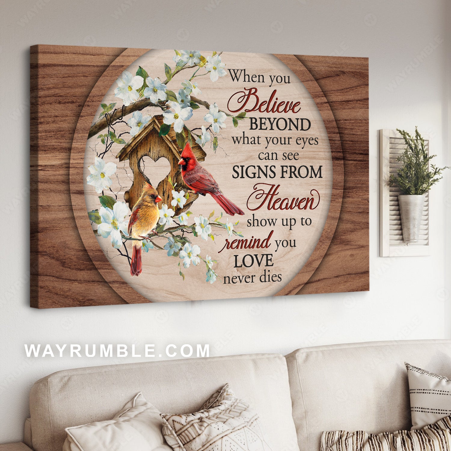 Yellow cardinal, Red cardinal, White cosmos, Bird house, When you believe - Heaven Landscape Canvas Prints, Wall Art