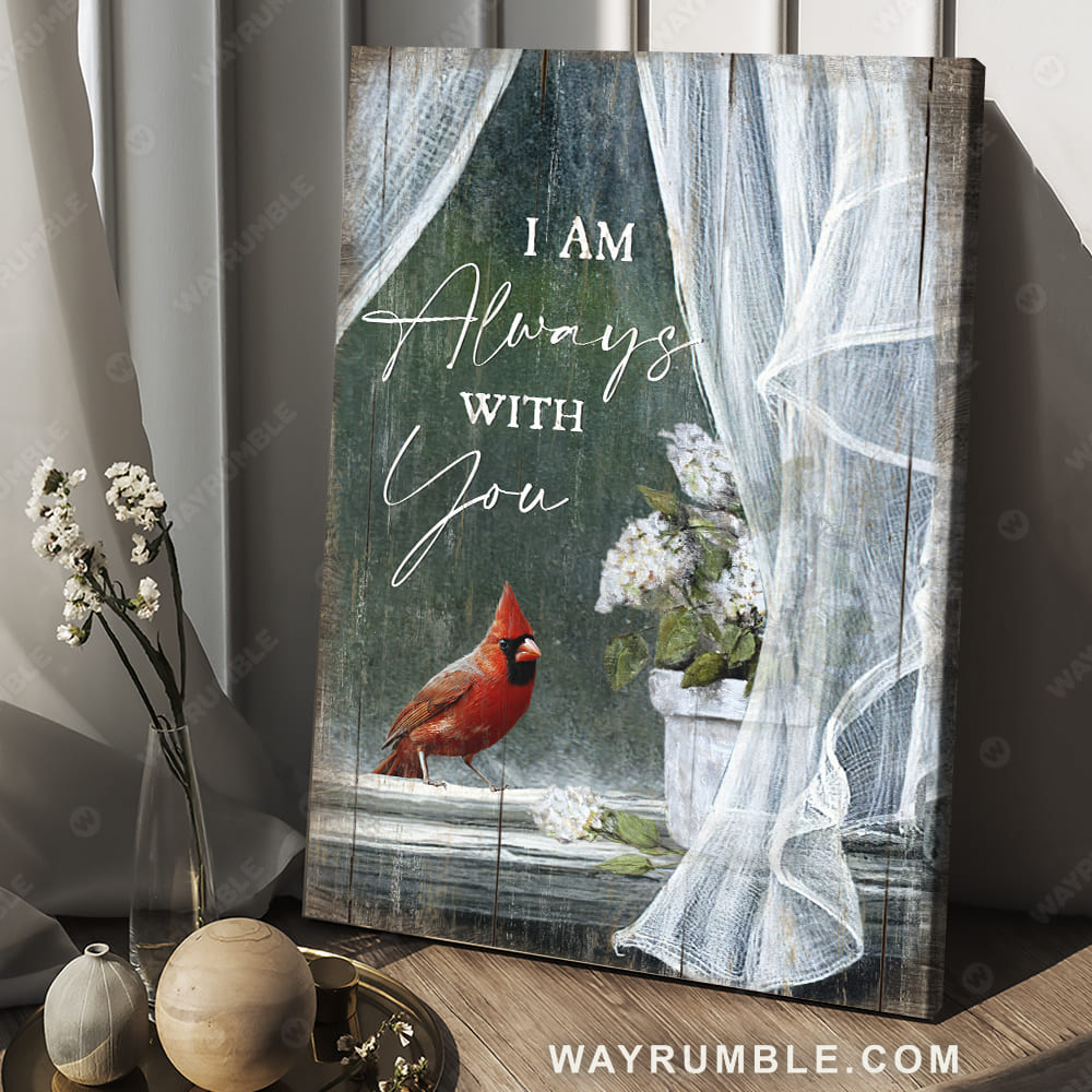 White hydrangea, Cardinal painting, Spring drawing, I am always with you - Heaven Portrait Canvas Prints, Wall Art