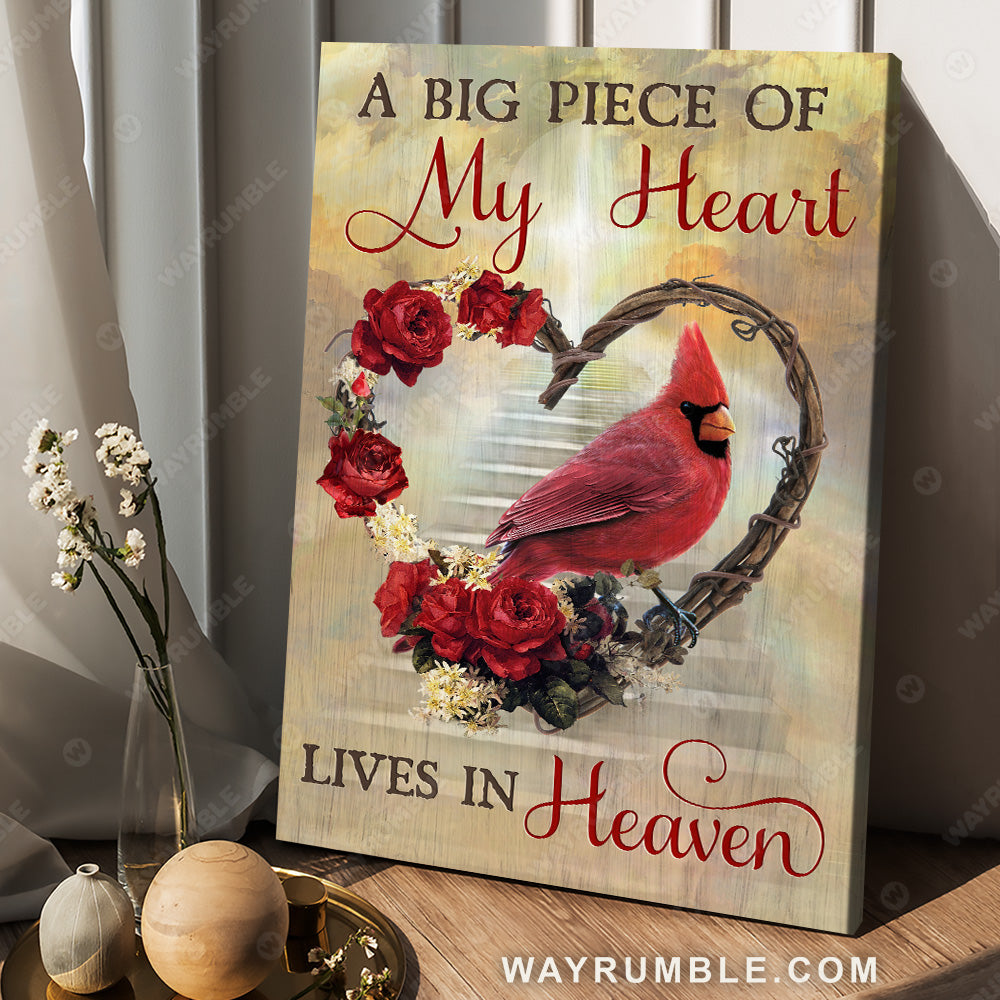 Flower wreath, Red rose, Cardinal drawing, A big piece of my heart lives in heaven - Heaven Portrait Canvas Prints, Wall Art