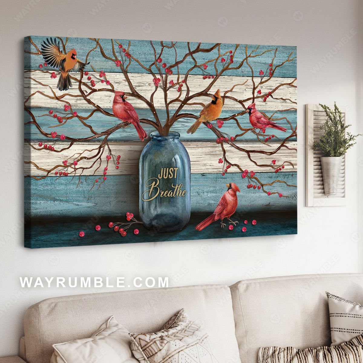 Beautiful cranberry tree, Cardinal painting, Blue background, Just breathe - Heaven Landscape Canvas Prints, Wall Art