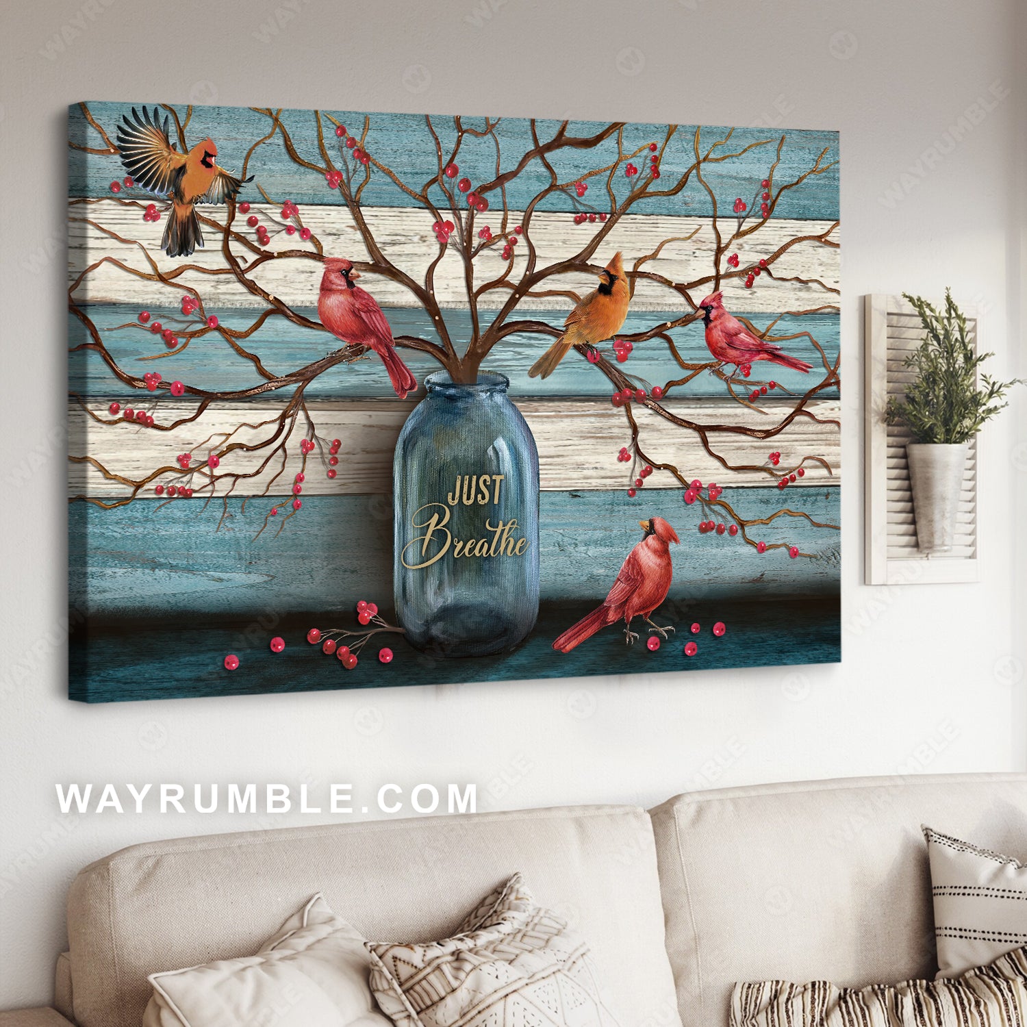 Beautiful cranberry tree, Cardinal painting, Blue background, Just breathe - Heaven Landscape Canvas Prints, Wall Art