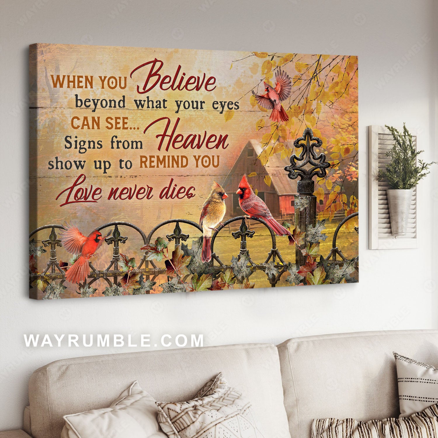 Cardinals drawing, Autumn tree, Love never dies - Heaven Landscape Canvas Prints, Wall Art