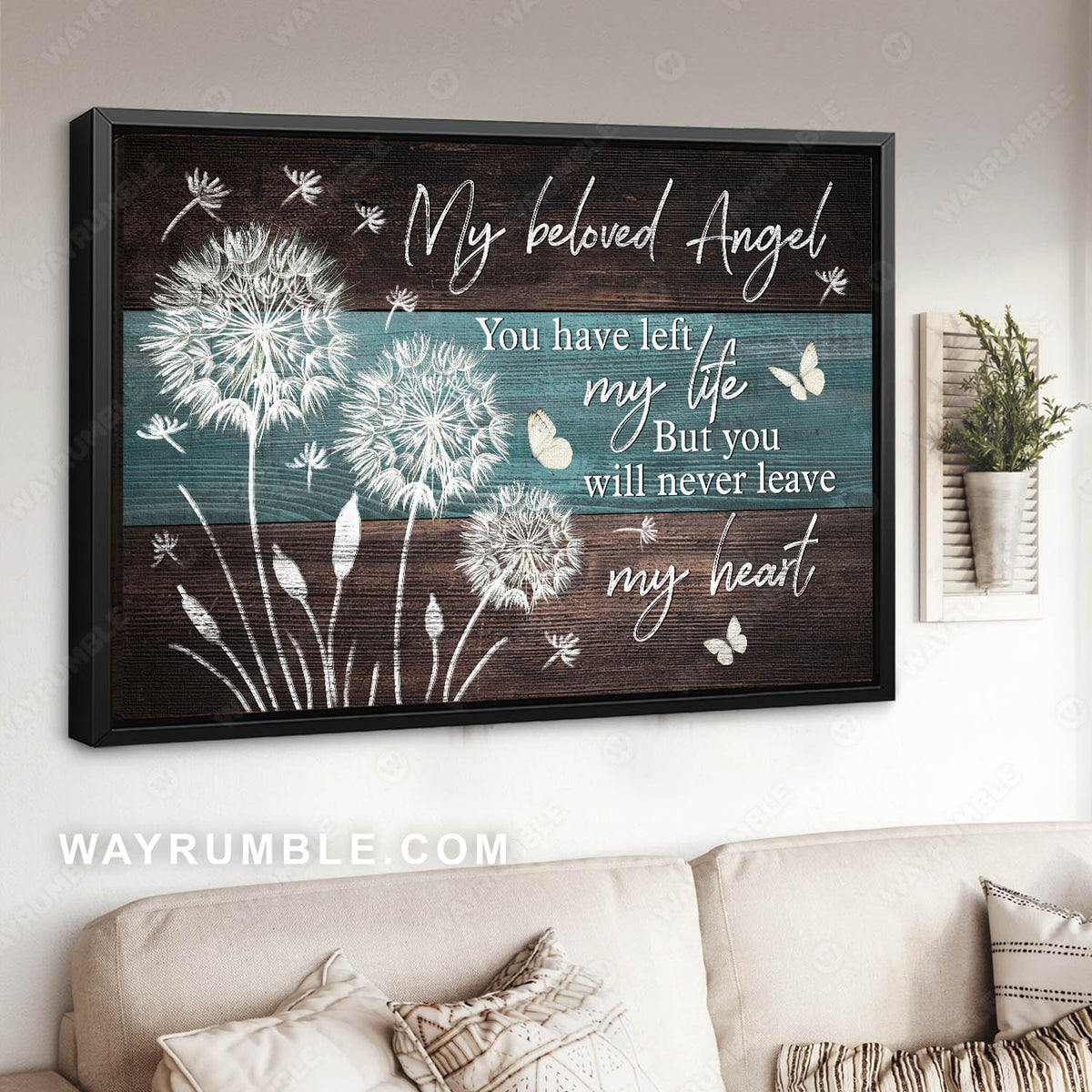 Wooden background, Dandelion painting, You will never leave my heart - Heaven Landscape Canvas Prints, Wall Art