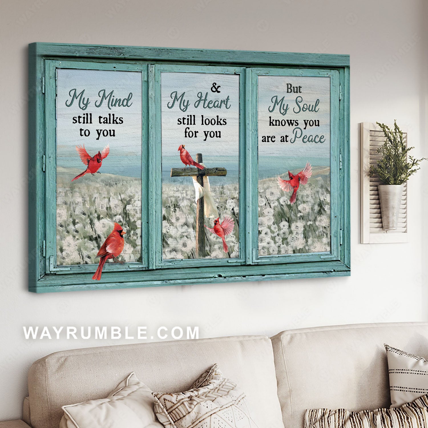Red cardinals. White flower, Wooden cross, My soul knows you are at peace - Heaven Landscape Canvas Prints, Wall Art