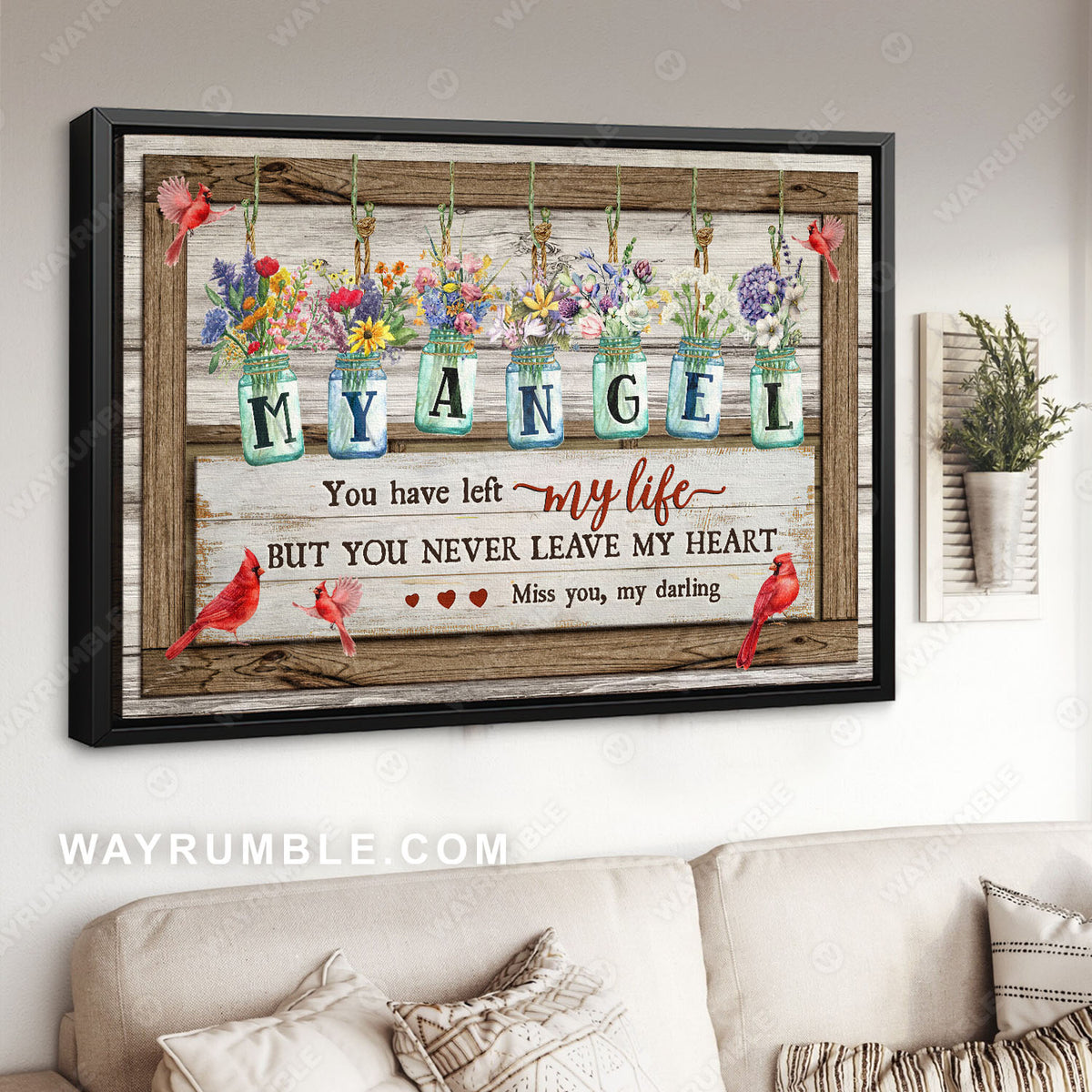 Flower jars, Vintage painting, Cardinals, You never leave my heart - Heaven Landscape Canvas Prints, Wall Art