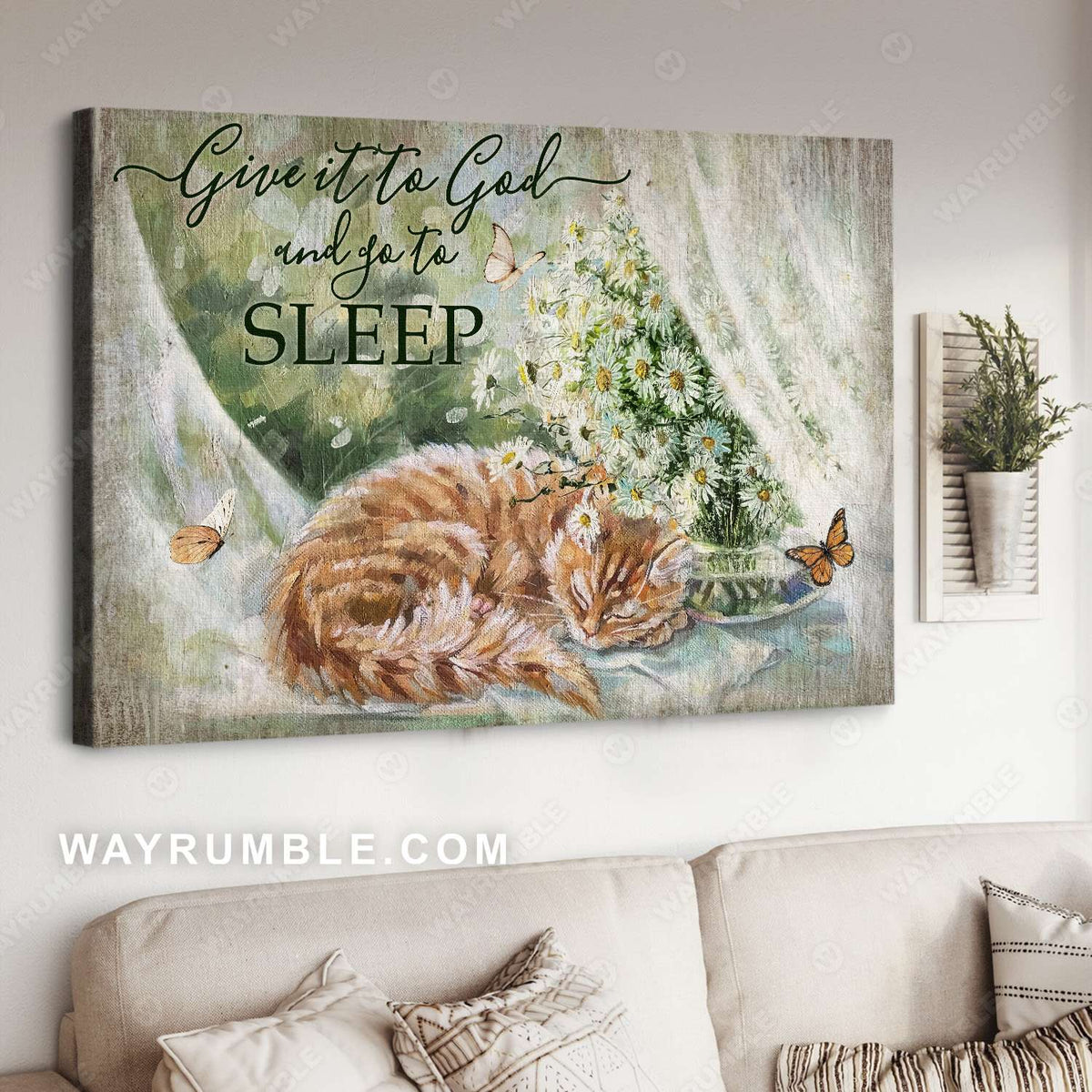 Cat painting, Sleeping by the window, Vintage window, Give it to God and go to sleep - Heaven Landscape Canvas Prints, Wall Art