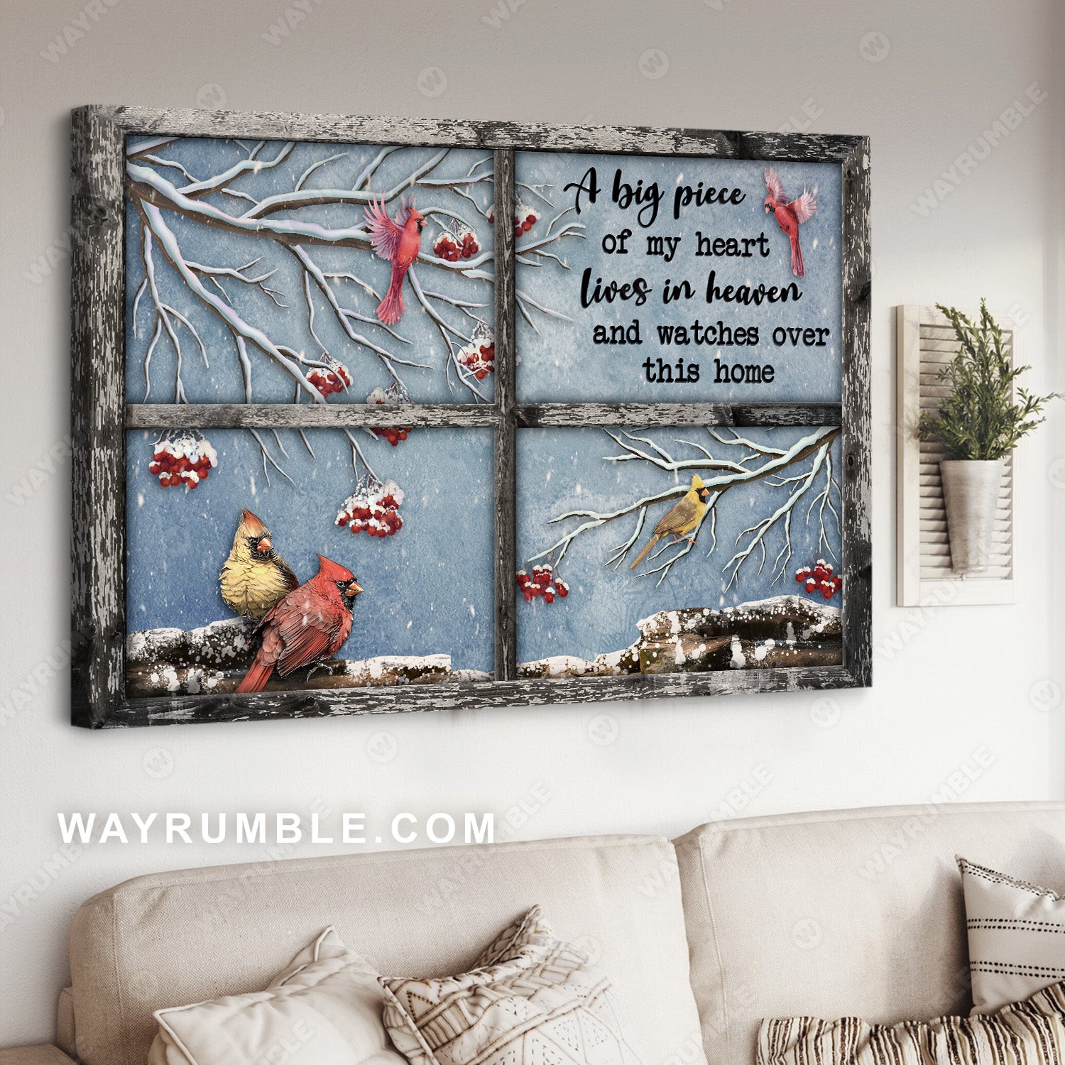 Winter painting, Watercolor cardinal, Frozen cranberry, A big piece of my heart lives in heaven - Heaven Landscape Canvas Prints, Wall Art