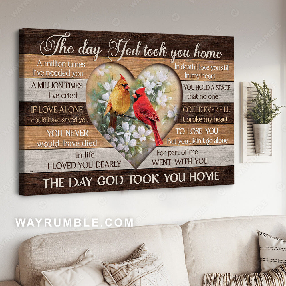 Cardinal drawing, Laurel flower, Heart frame, The day God took you home - Heaven Landscape Canvas Prints, Wall Art