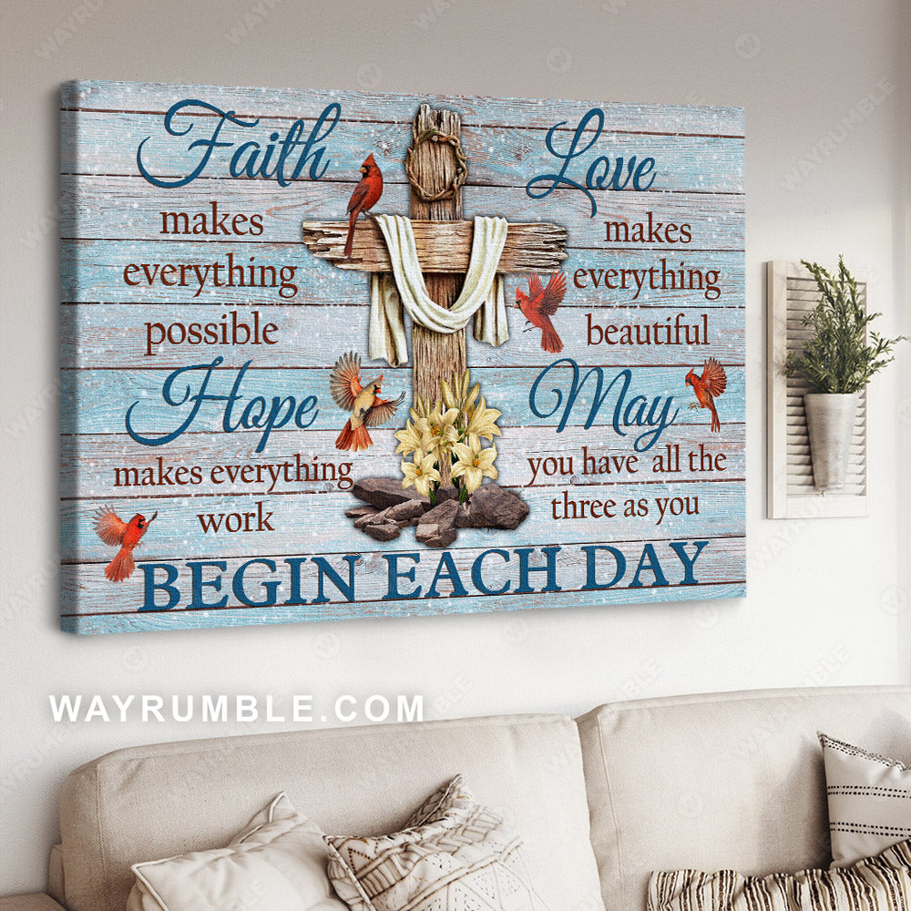 Red cardinal, Yellow lily, Wooden cross, Faith makes everything possible - Heaven Landscape Canvas Prints, Wall Art