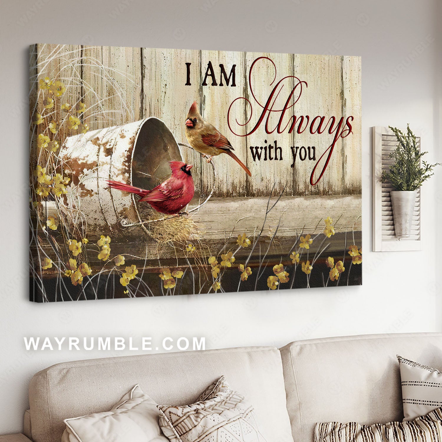 Cardinals drawing, Rusty bucket, Yellow flowers, Always with you - Heaven Landscape Canvas Prints, Wall Art