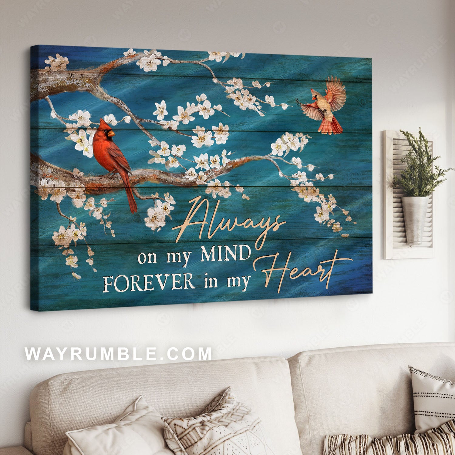 Peach blossom, Red cardinals, Branch tree, Always on mind forever in heart- Heaven Landscape Canvas Prints, Wall Art