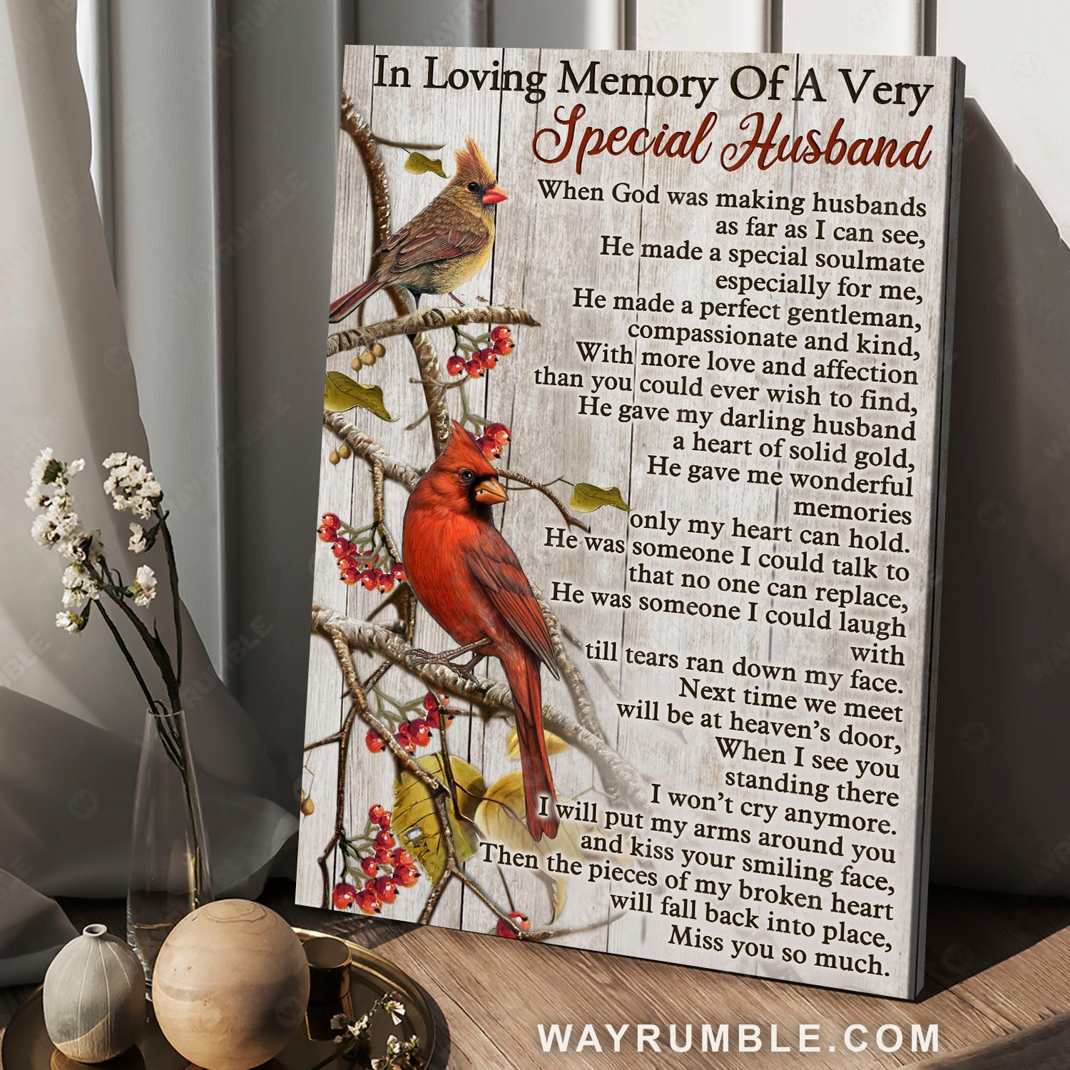Cranberry plant, Cardinal birds, Memory of a very special husband - Heaven Portrait Canvas Prints, Wall Art