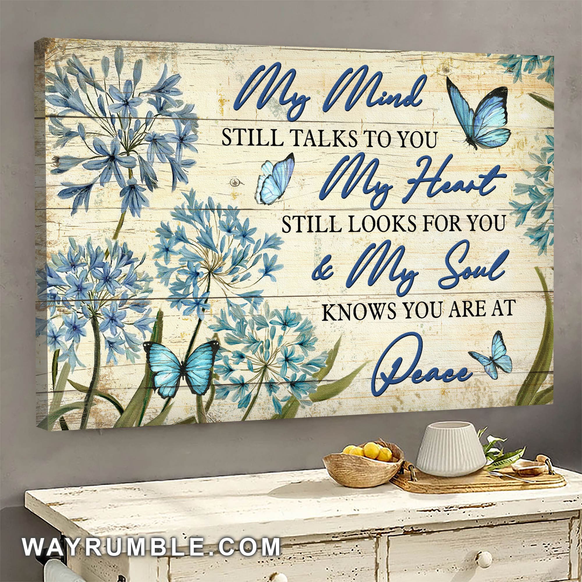 Unique blue flower painting, Blue butterfly, My heart still looks for you - Heaven Landscape Canvas Prints, Wall Art