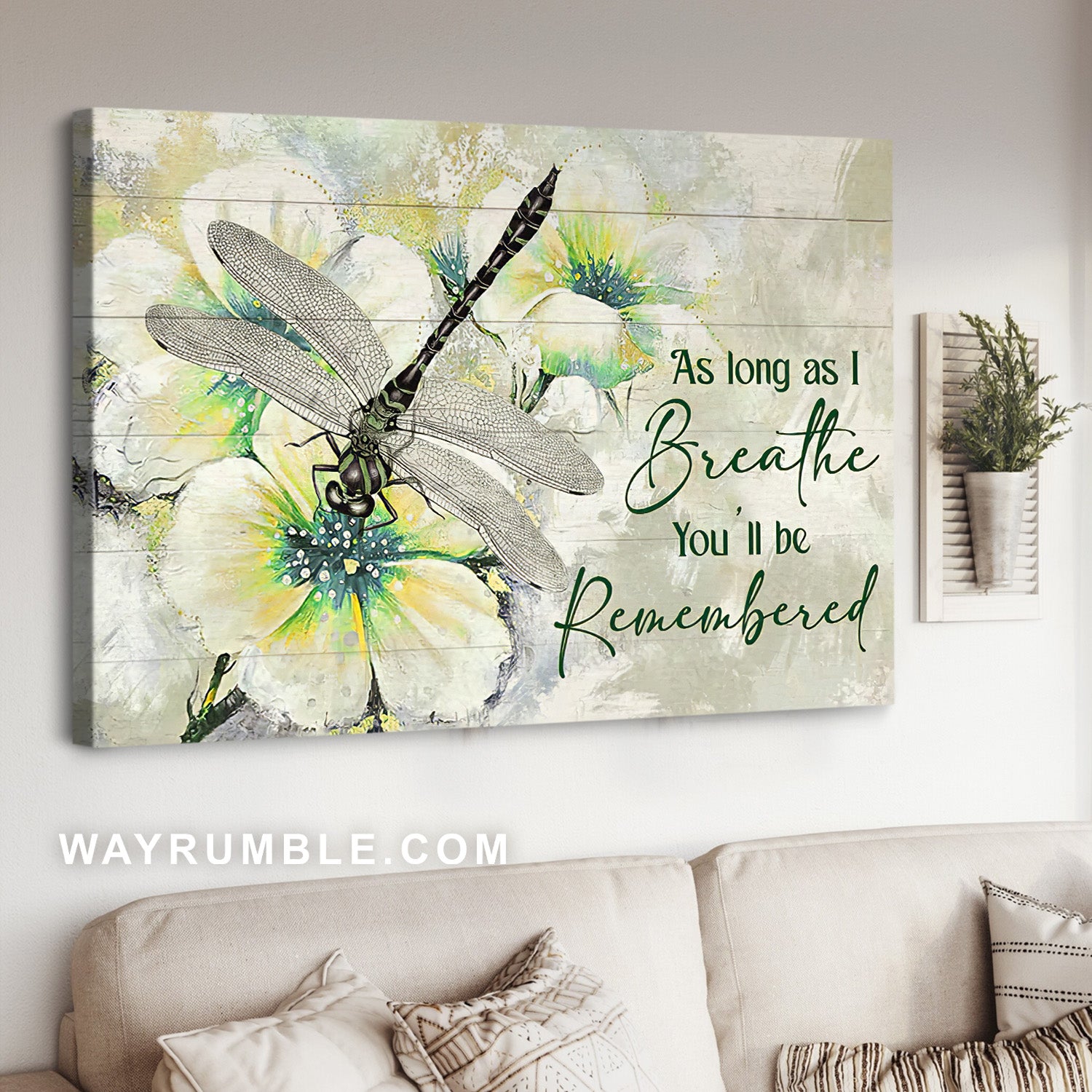 Vintage painting, Dragonfly, White flower, As long as I breathe, You'll be remembered - Heaven Landscape Canvas Prints, Wall Art