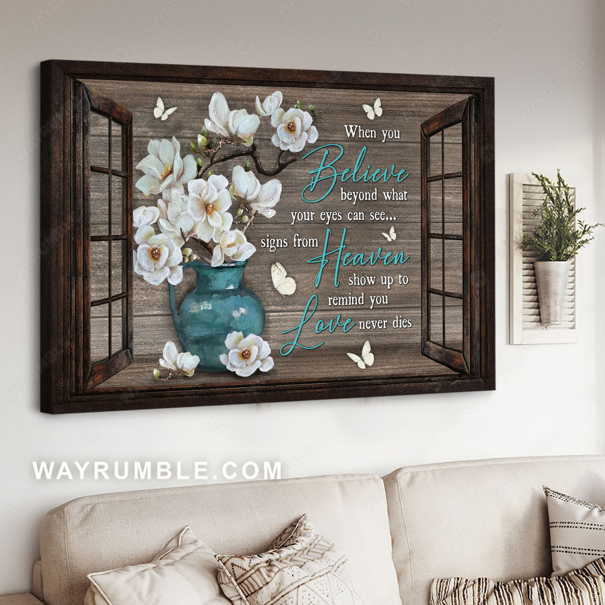 White flower, White butterfly, Window frame, Love never dies - Heaven Landscape Canvas Prints, Wall Art