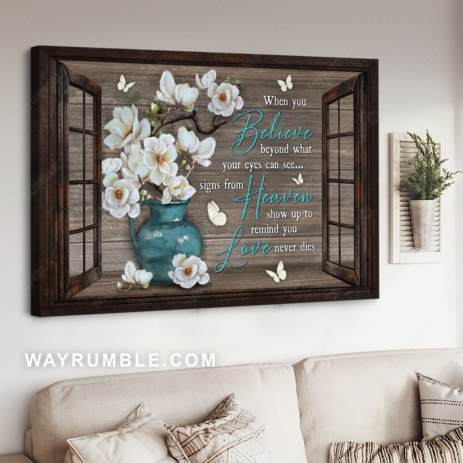 White flower, White butterfly, Window frame, Love never dies - Heaven Landscape Canvas Prints, Wall Art