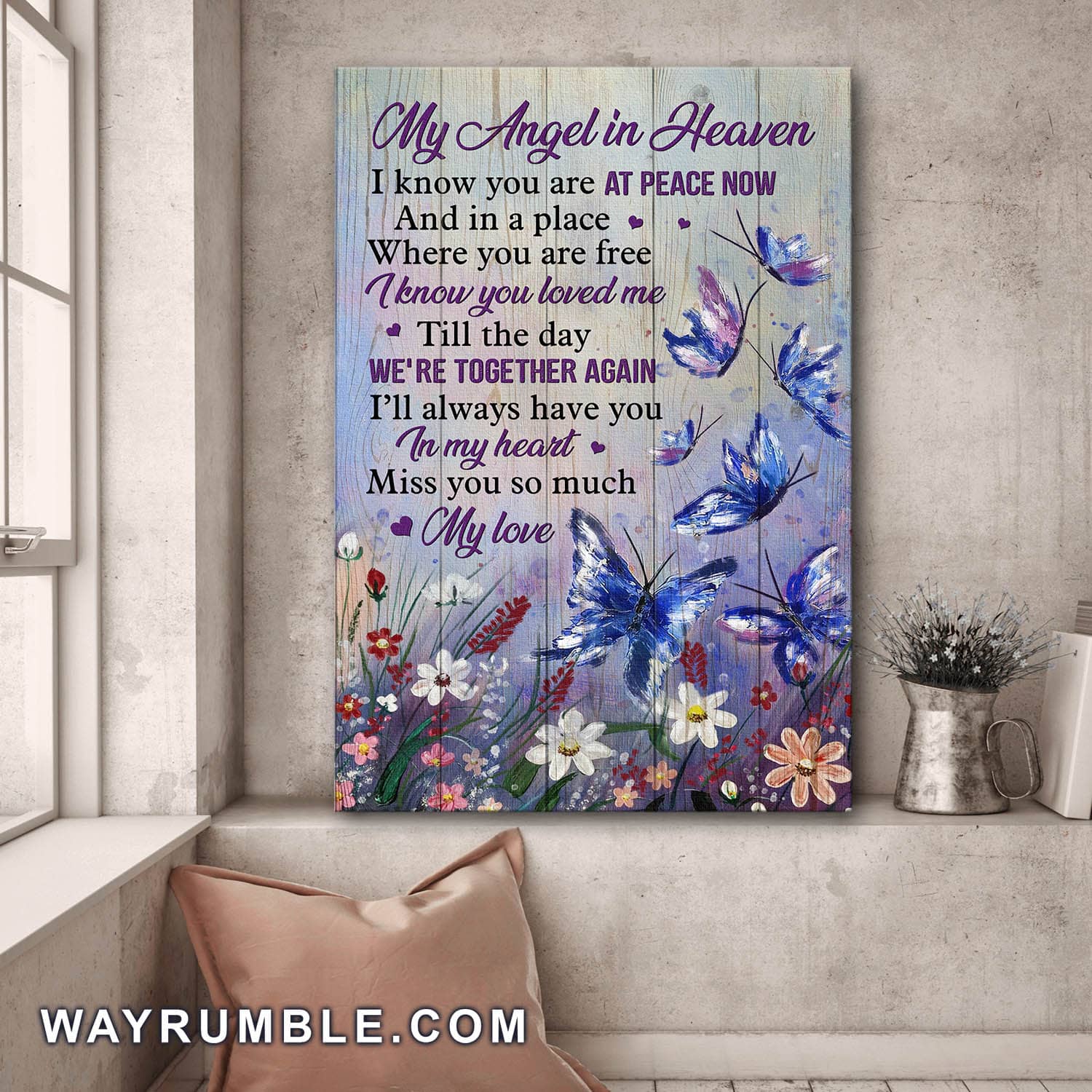 Violet butterfly, Flower Field, I'll always have you in my heart - Heaven Portrait Canvas Prints, Wall Art