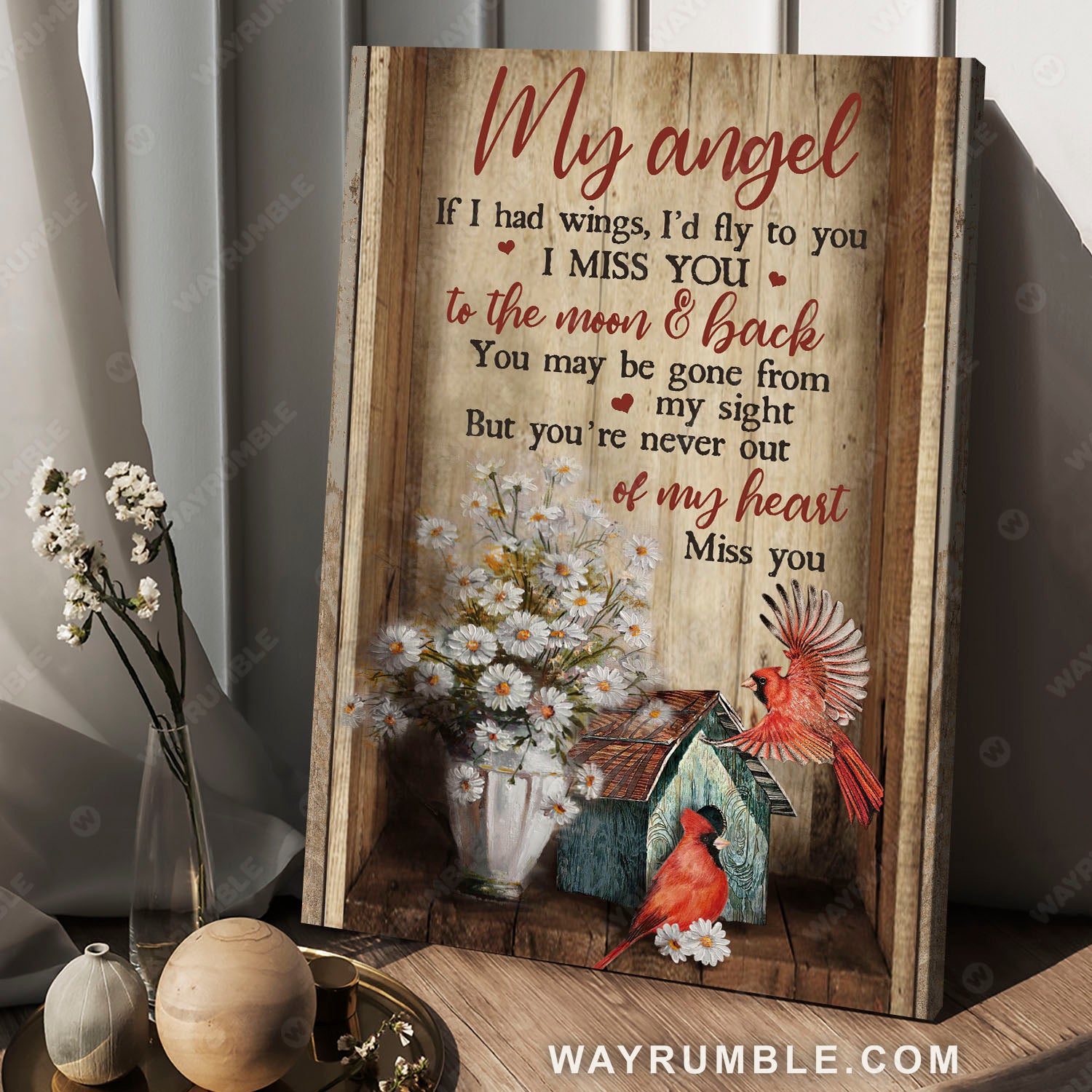 Cardinal couple, Vintage painting, Daisy flower vase, Bird house, I miss you to the moon and back 
