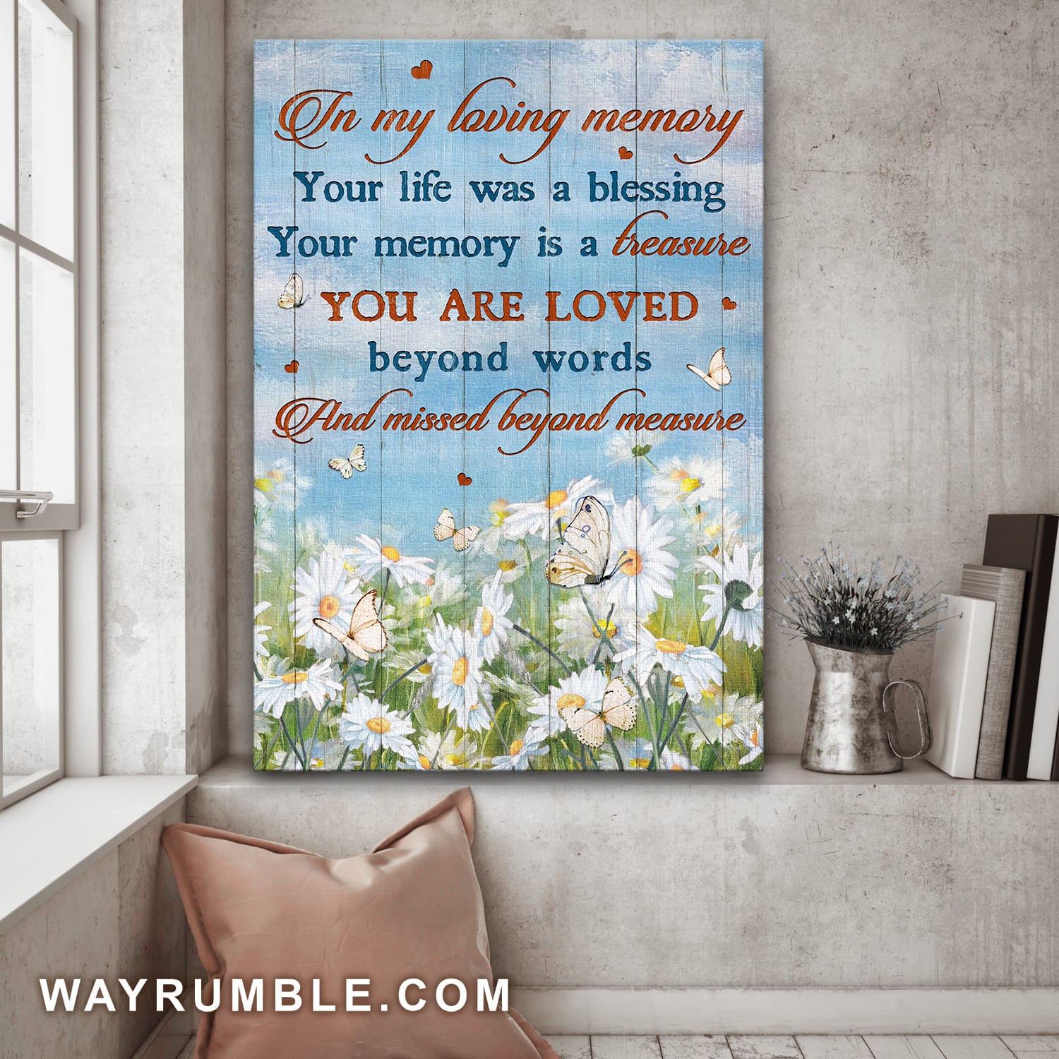 Daisy flower field, Butterfly, Blue sky, Your life was a blessing - Heaven Portrait Canvas Prints, Wall Art