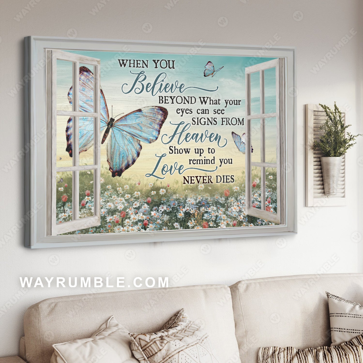 Blue butterfly, Daisy garden, White window, When you believe signs from heaven - Heaven Landscape Canvas Prints, Wall Art