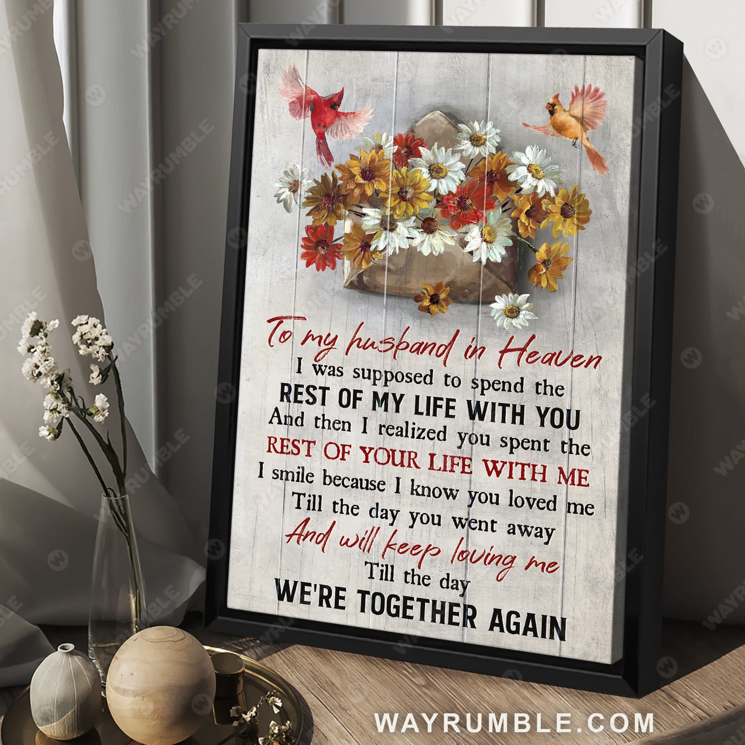 Colorful daisy painting, Watercolor cardinal, To my husband in heaven - Heaven Portrait Canvas Prints, Wall Art