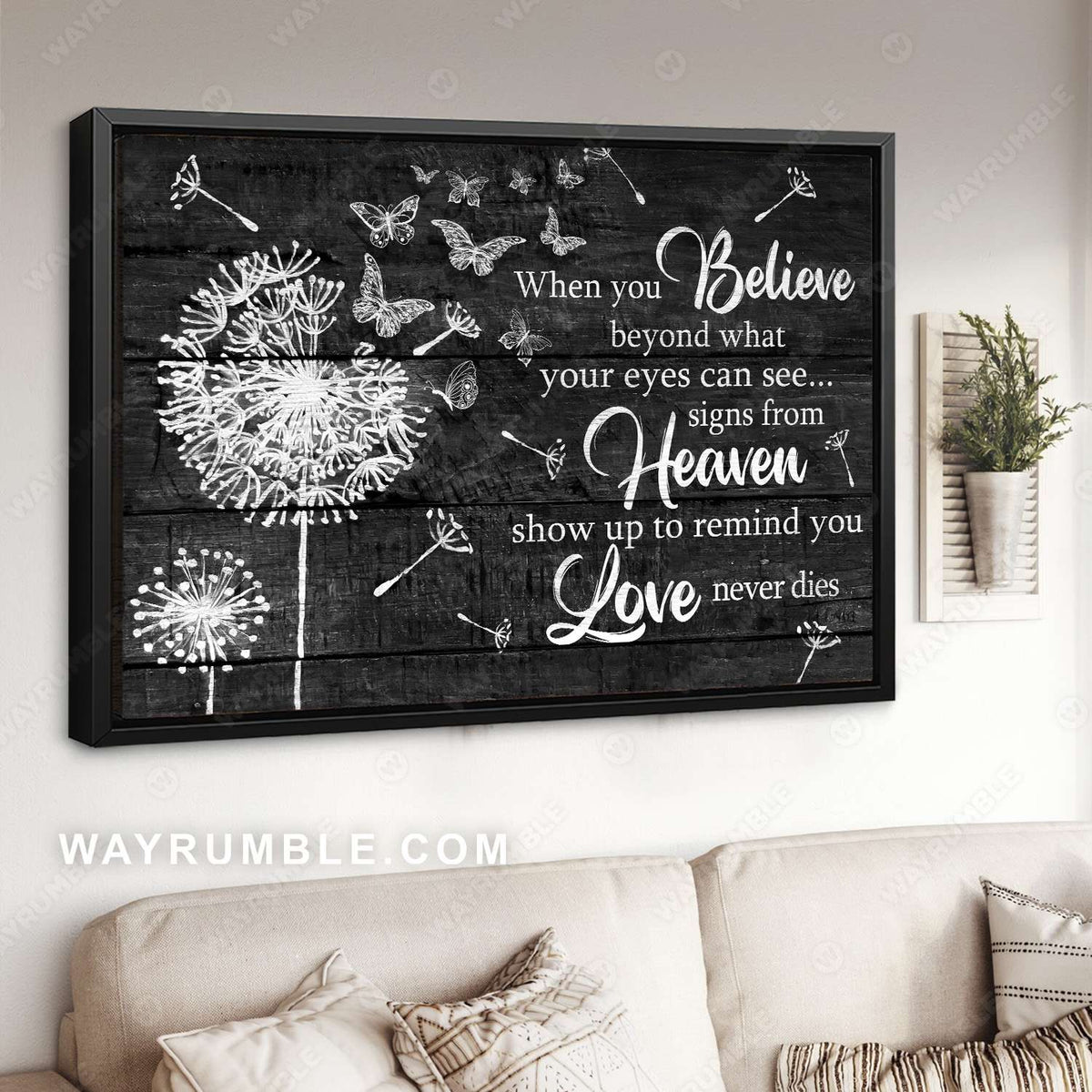 Dandelion drawing, Butterfly, Black background, Love never dies - Heaven Landscape Canvas Print, Wall Art