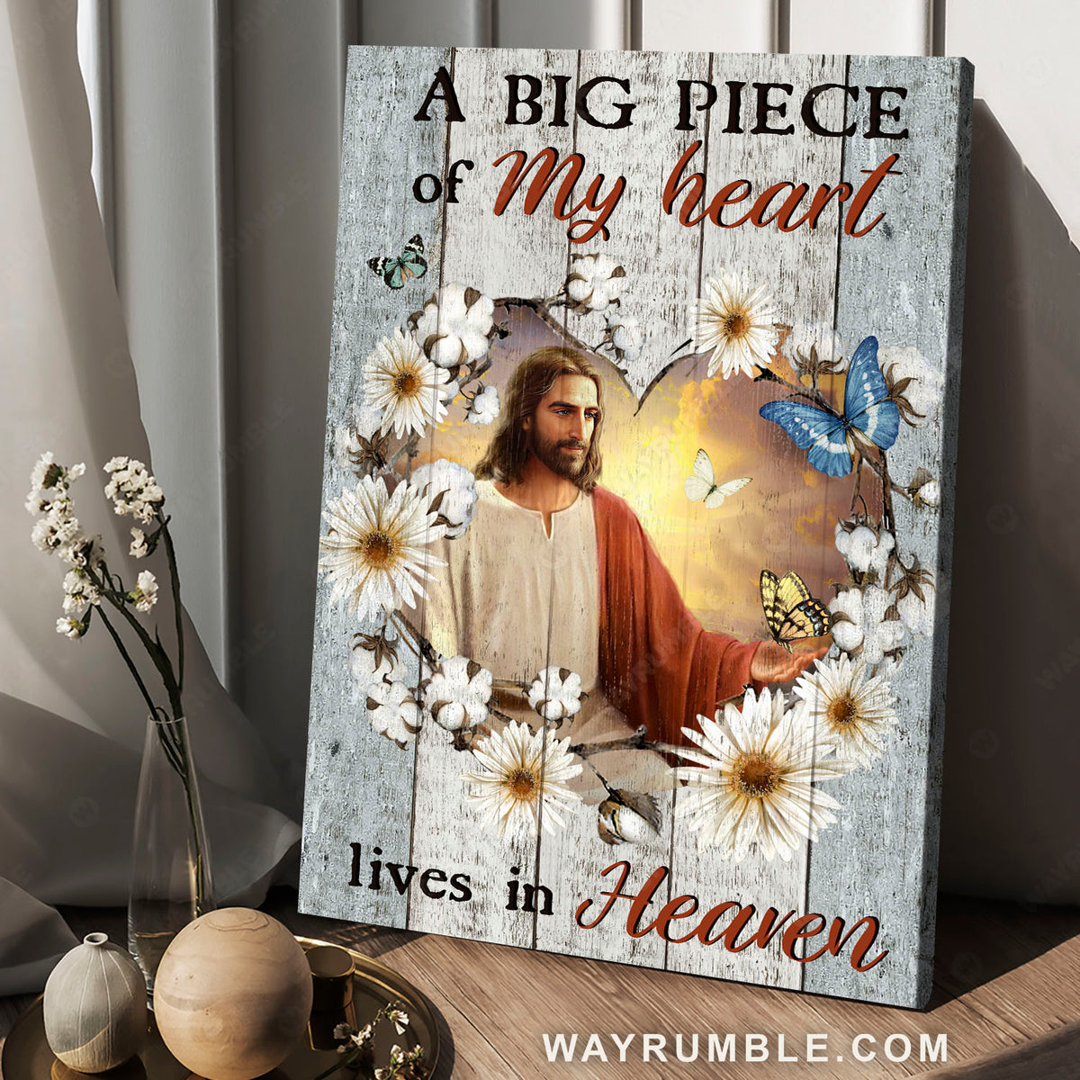 Jesus painting, Gerbera daisy, Cotton flower, A big piece of my heart - Heaven Portrait Canvas Prints, Wall Art