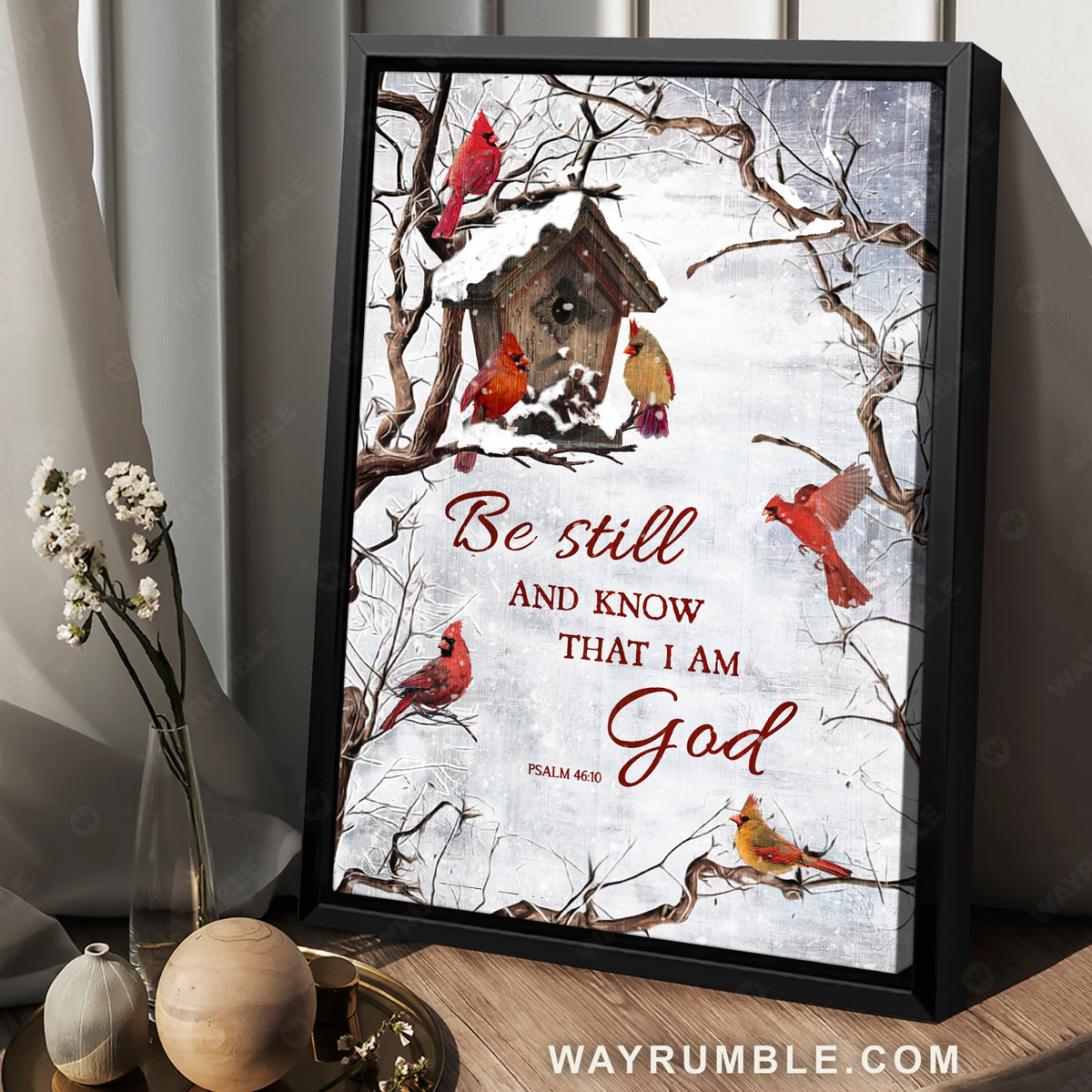 Cardinal painting, Winter forest, Birdhouse, Be still and know that I am God - Heaven Portrait Canvas Prints, Wall Art