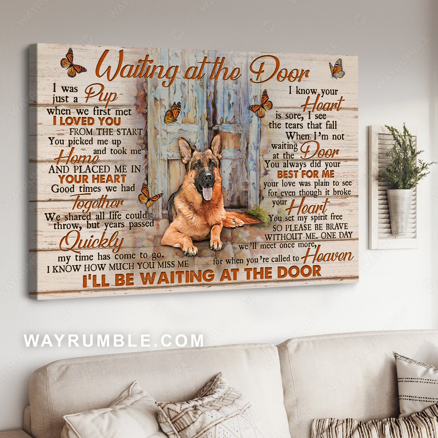 Watercolor German Shepherd, Orange butterfly, Waiting at the door - Heaven Landscape Canvas Prints, Wall Art