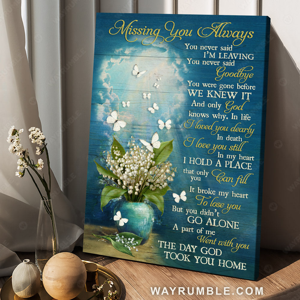 White butterfly, Lily of the valley, Blue sky, The day God took you home - Heaven Portrait Canvas Prints, Wall Art