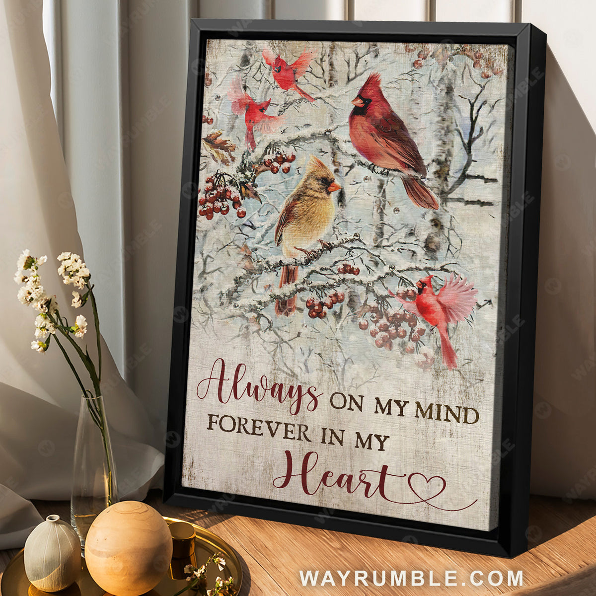 Winter forest, Cardinal drawing, Cranberry, Always on my mind - Heaven Portrait Canvas Prints, Wall Art