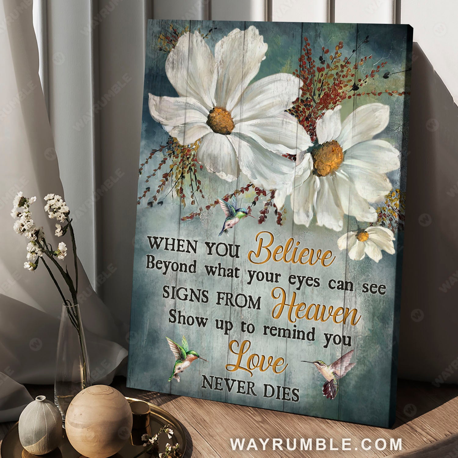 White daisy flower, Hummingbird, Love never dies - Heaven Portrait Canvas Prints, Wall Art