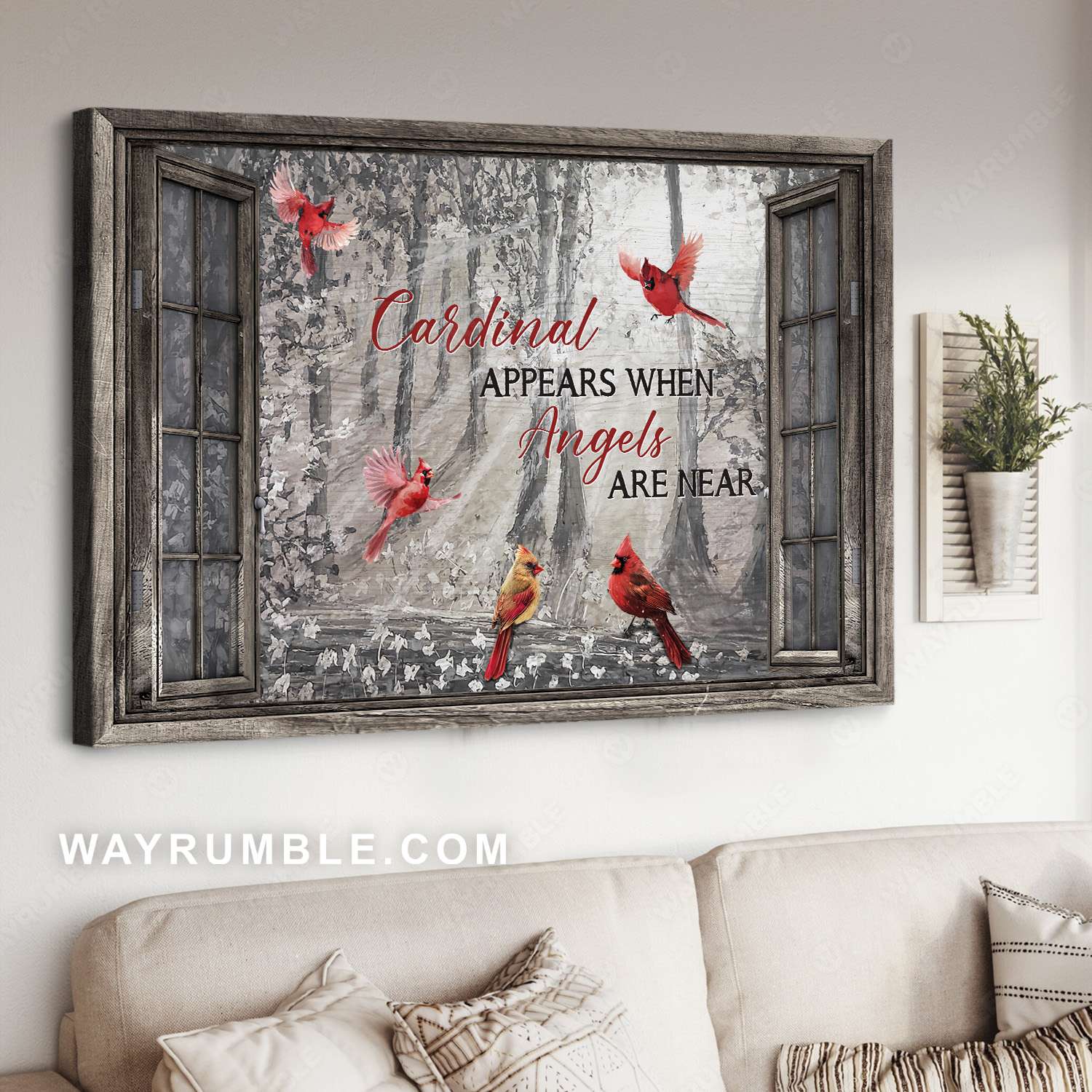 Red cardinals, White flowers, Winter forest, Angels are near- Heaven Landscape Canvas Prints, Wall Art