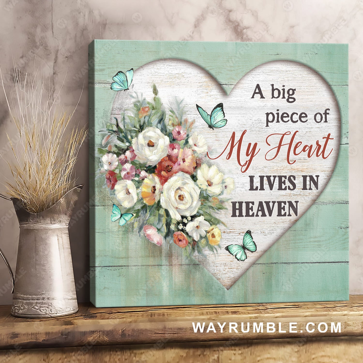 Flower painting, Pretty butterfly, A big piece of my heart lives in heaven - Heaven Square Canvas Prints, Wall Art