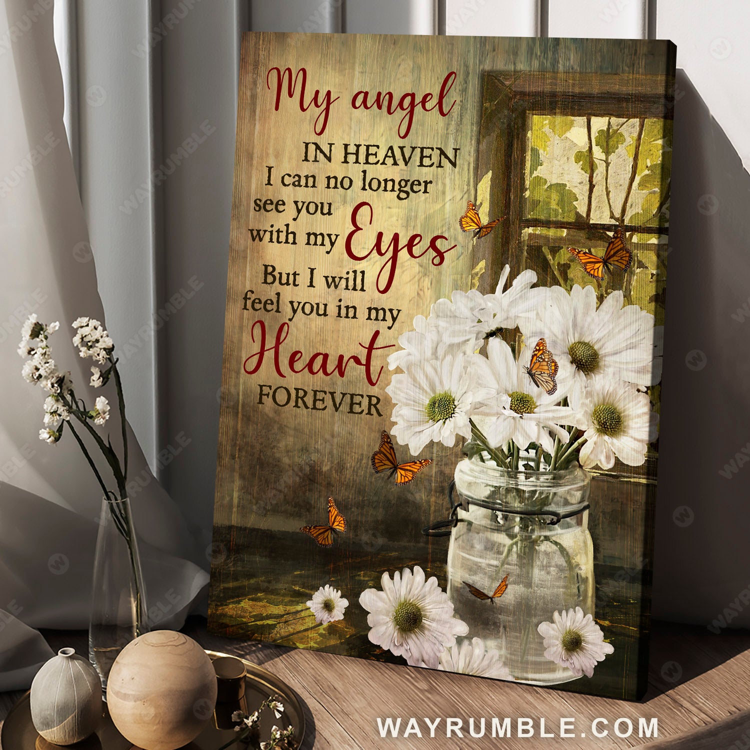 Daisy flower jar, Still life painting, Vintage painting, I will feel you  in my heart forever - Heaven Portrait Canvas Prints, Wall Art