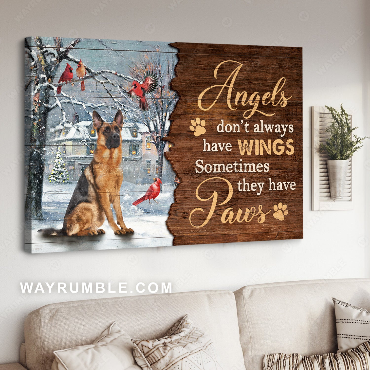 German shepherd drawing, Winter night, Cardinal, Angels don't always have wings - Heaven Landscape Canvas Prints, Wall Art