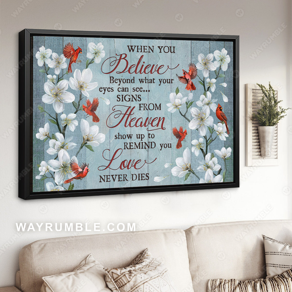 Northern cardinal, Cherry blossom, Blue background, Love never dies - Heaven Landscape Canvas Prints, Wall Art