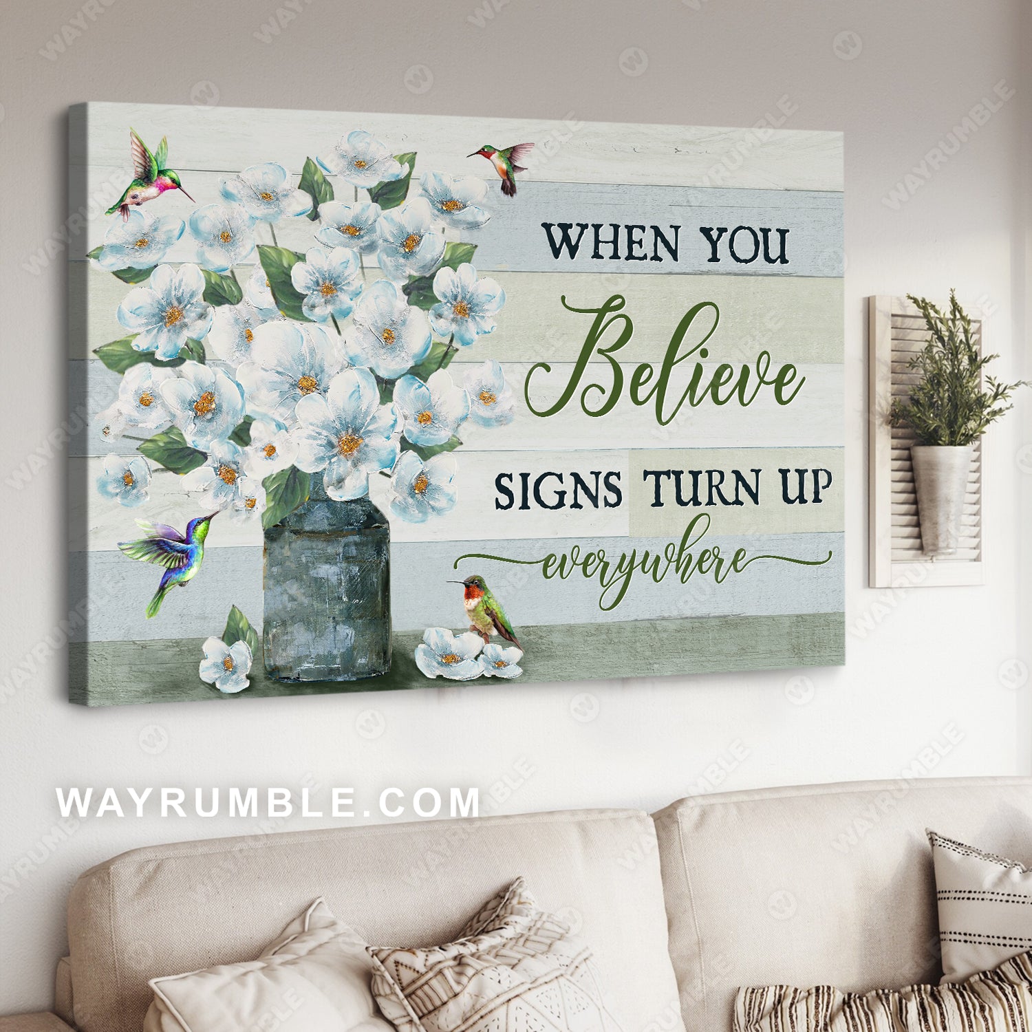 White jasmine, Colorful hummingbird, When you believe, Signs turn up everywhere - Heaven Canvas Prints, Wall Art