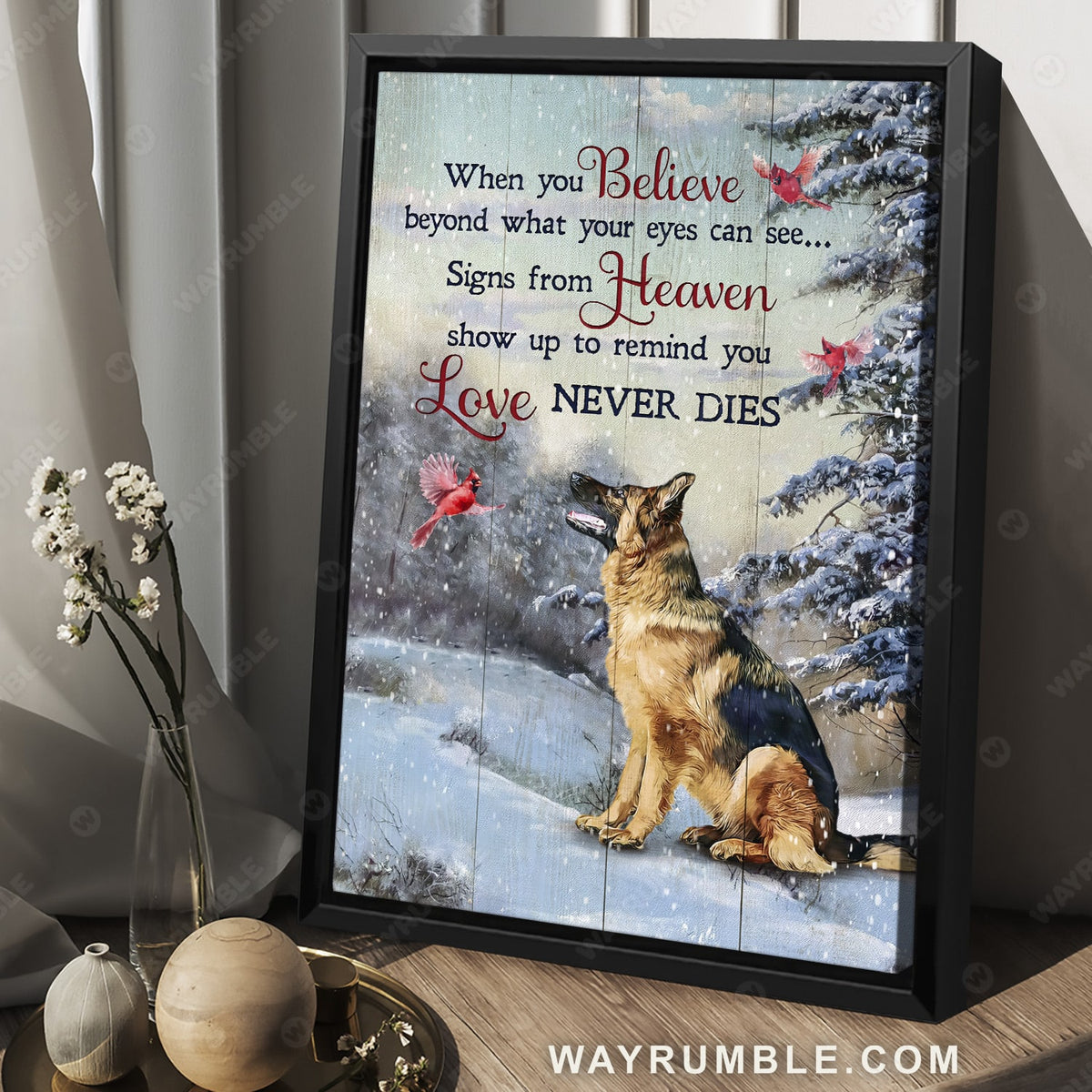 Winter forest, German shepherd drawing, Cardinal, Signs from heaven - Heaven Portrait Canvas Prints, Wall Art