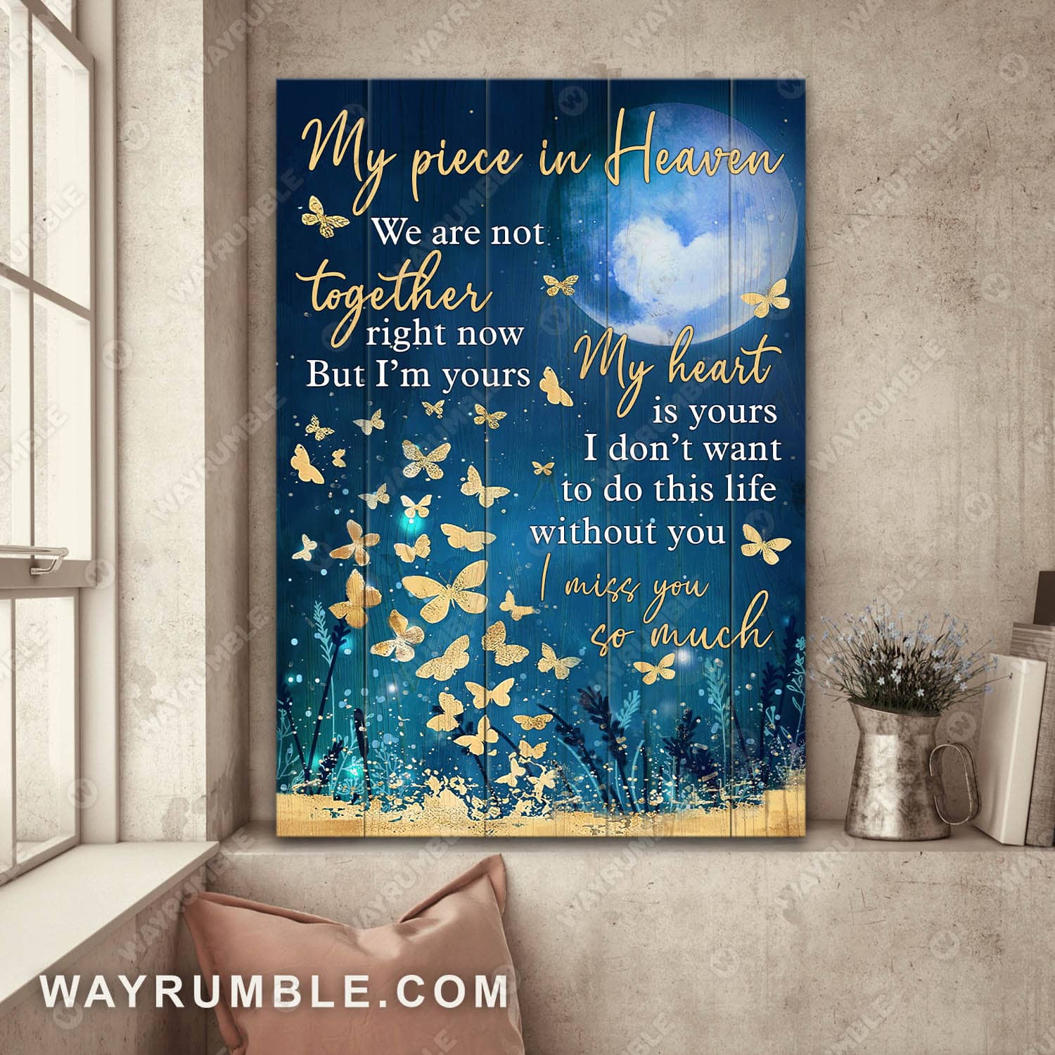 Golden Butterfly, Night sky, Beautiful full moon, I miss you so much - Heaven Portrait Canvas Prints, Wall Art